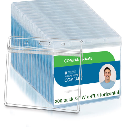 4x3 Inches Horizontal Badge Holder, Clear ID Card Holder with Waterproof Resealable Zip Type Protector, Badge Sleeve Fits Name Tag Holder/RFID/Proximity/Credit Card (200pcs-Horizontal)
