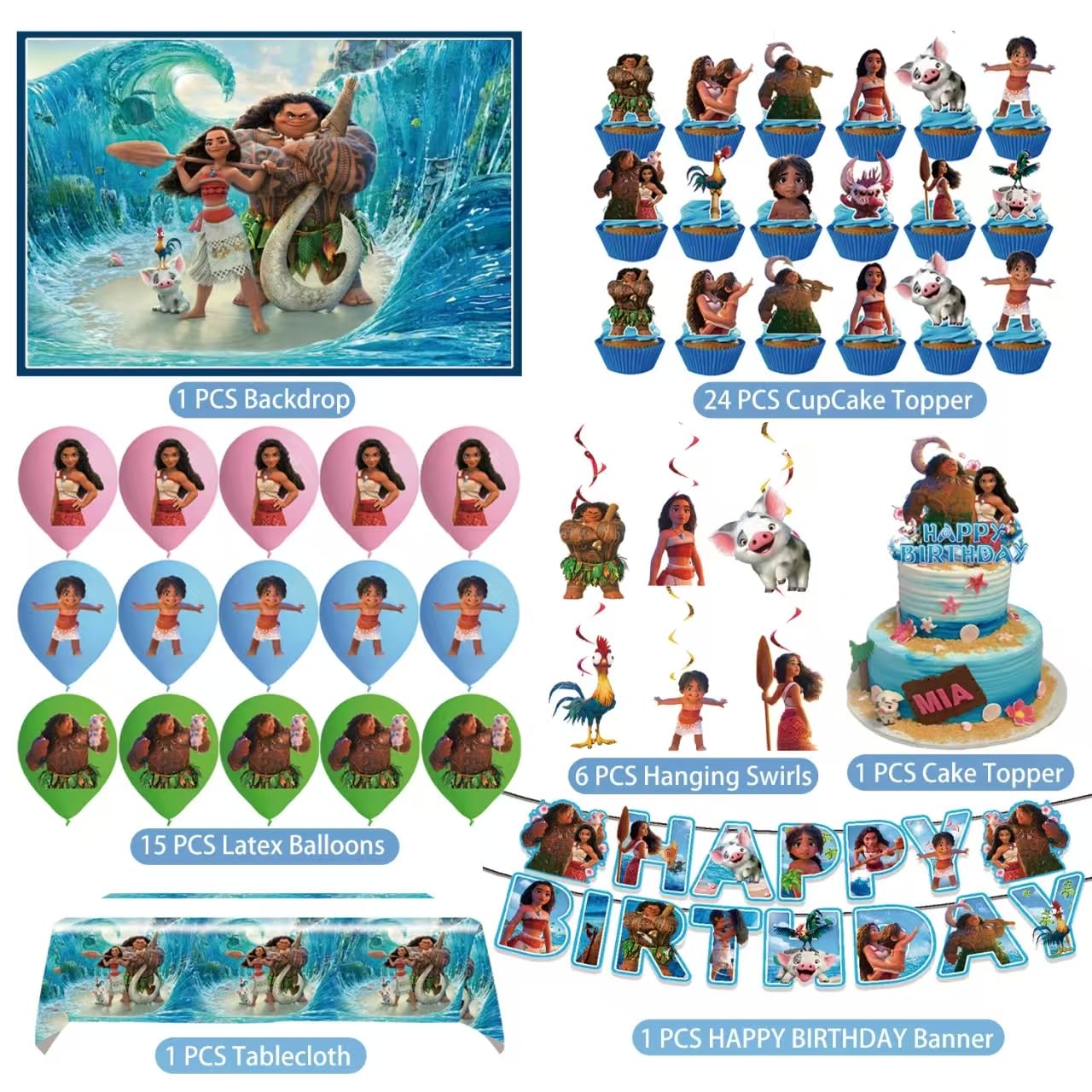 Moana Birthday Party Supplies, Birthday Party Decorations Set Include Banner, Backdrop, Balloons, Hanging Swirls, Cake Cupcake Toppers, Tablecloth for Moana Party Decorations
