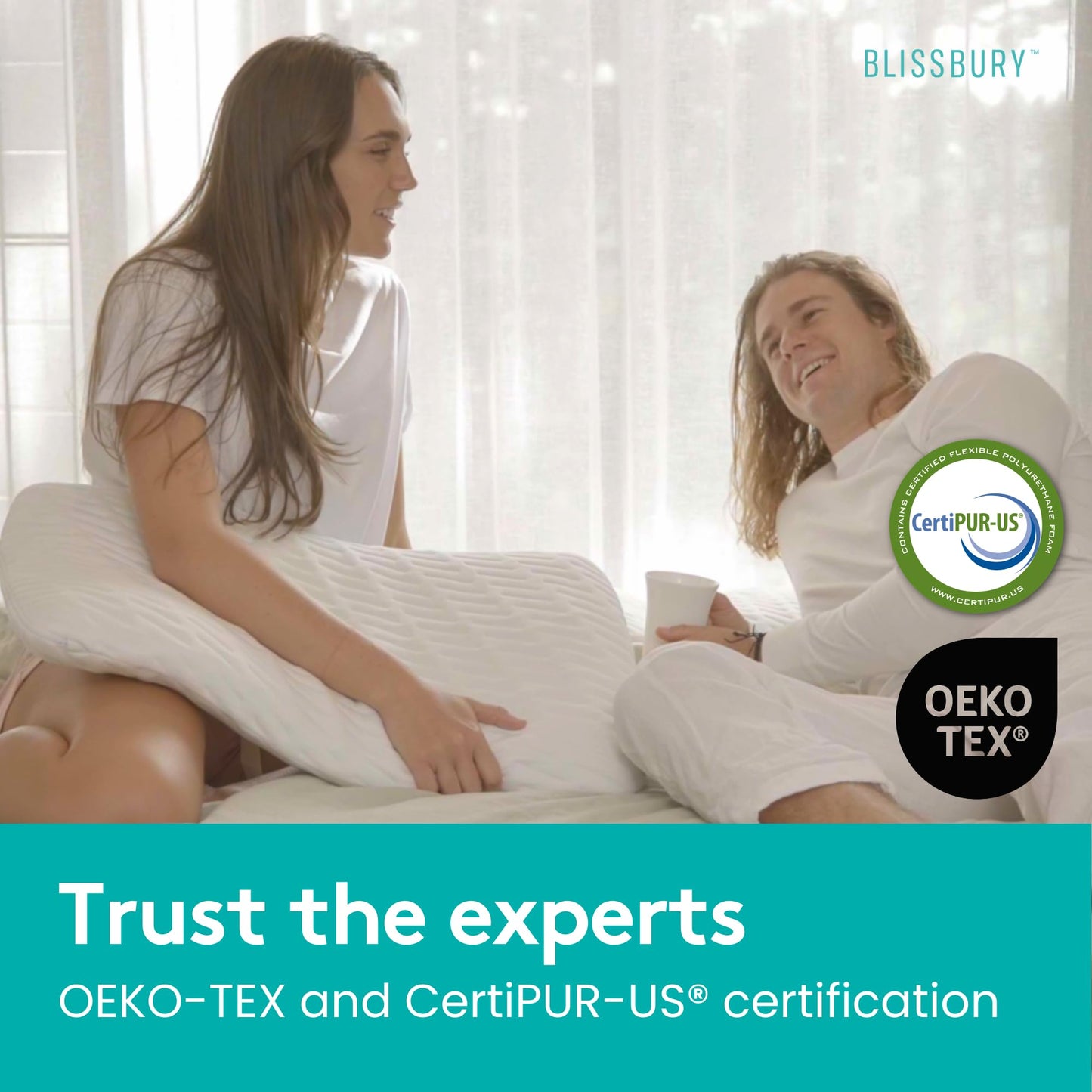 BLISSBURY Cooling Memory Foam Pillow, 2.6 Inch Thin, for Stomach & Back Sleeper, Queen Size, Removable Cool-Tech Cover, CertiPUR-US Certified