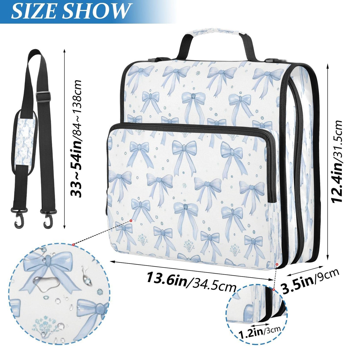 KEEPREAL Blue Bows Zipper Binder for School with Shoulder Strap & Extra Pockets - 1.5 Inch 3-Ring Binder Holds 500+ Sheets, Textbooks, Laptop
