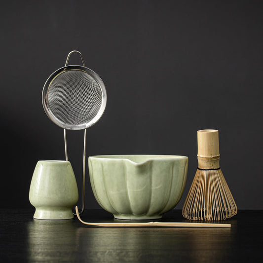 SFTXEY Matcha Whisk Set, Matcha Set Includes Ceramic Matcha Bowl, Bamboo Whisk, Scoop, Chasen Holder, Sifter, 5 Pcs Perfect Matcha Kit for Matcha Lover (Mottled Green)