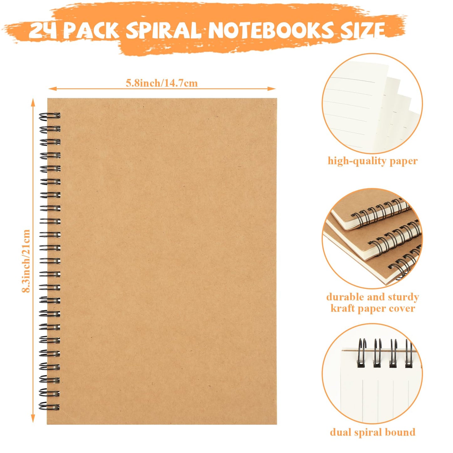 MIVIDE 24 Pack A5 Bulk Spiral Notebooks with Kraft Cover, 8.3 x 5.8 Inch 60 Pages Hardcover Spiral Lined Notebook Journal, Lined Travel Bulk Writing Paper Notebook for School Business Office Supplies