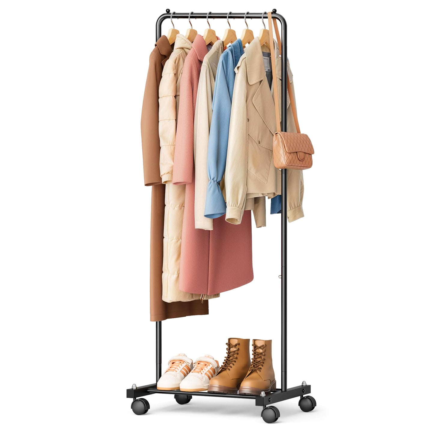 KIMBORA Small Clothing Rack with Wheels, Portable Clothes Racks for Hanging Clothes, 56" Metal Rolling Garment Rack for Coats, Jackets, and Shirts, Black