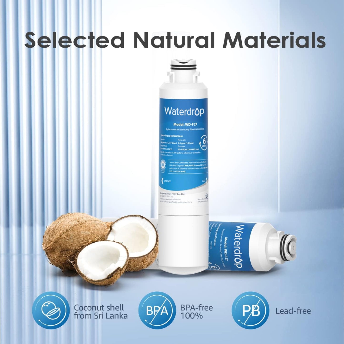 Waterdrop WD-F27 Replacement for Samsung® Refrigerator Water Filter HAF-CIN/EXP, DA29-00020B, HAF-CIN, RF28HMEDBSR, RF263BEAESR, RS25J500DSR, RF263TEAESG, HDX FMS-2, DA97-08006A-1, 6 Pack