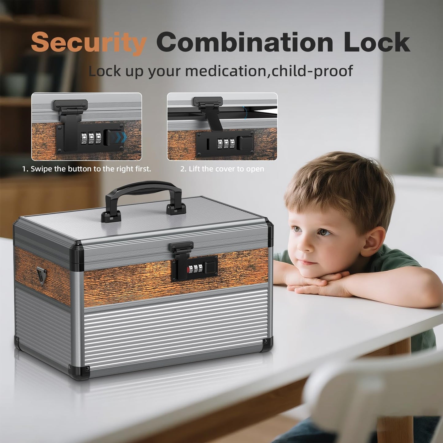 Glosen security lock box with code medicine lock box for Personal Items (Medium size 12inch Black) Lockable Dorm Storage Trunk with code Lock - Briefcase
