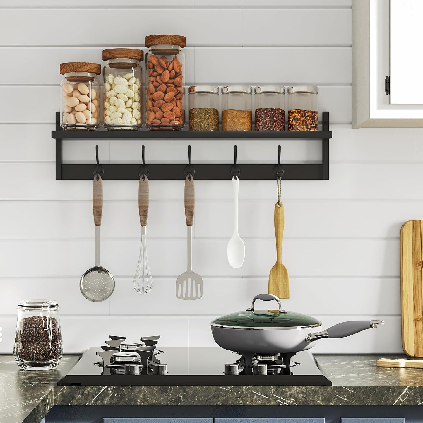 BAMEOS Wall-Mounted Shelf with Hooks - 28.9 Inch Entryway Hanging Shelf with 5 Dual Hooks for Bathroom, Living Room, Bedroom (Black)