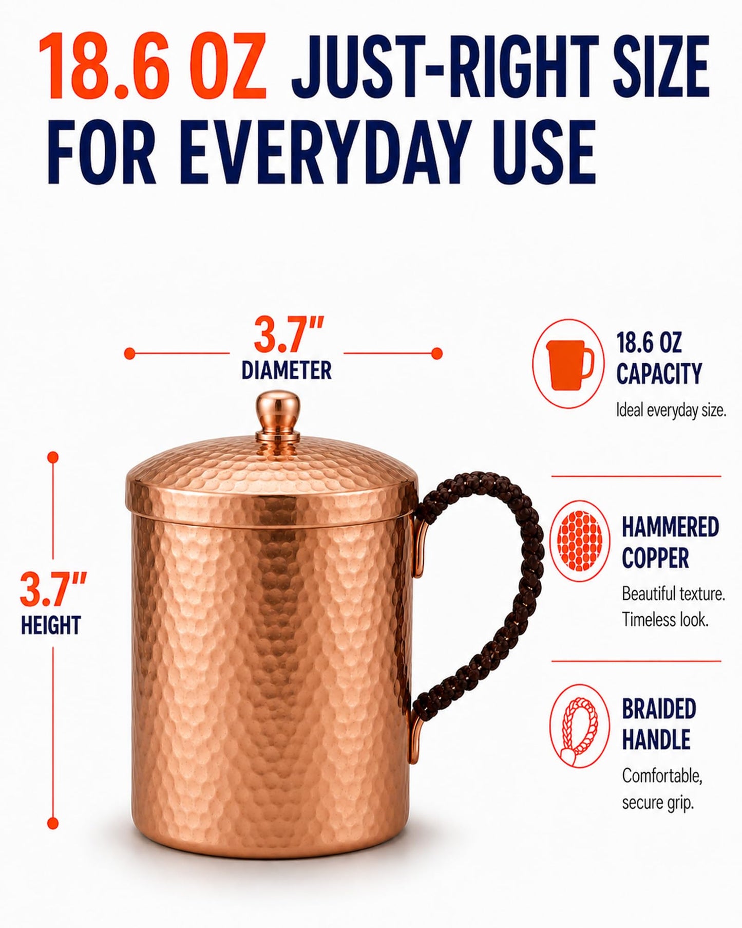 CigeZaus 18.6oz Pure Copper Mug with Lid – Hand-Hammered Solid Copper Tumbler for Drinking Water, Detox & Wellness – Ayurvedic Gift for Yoga, Meditation, or Camping