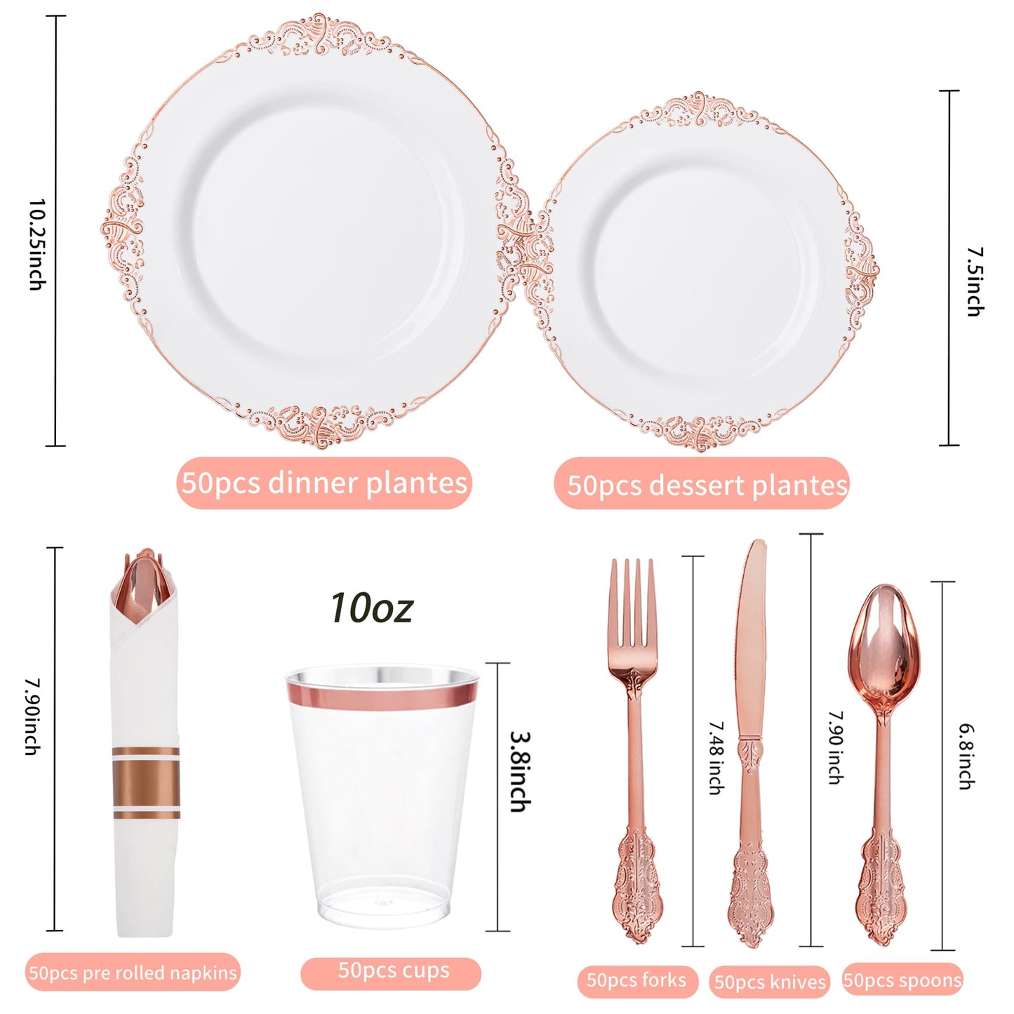 Hioasis 350pcs Rose Gold Plastic Plates - Elegant Disposable Dinnerware Set Suitable for 50 Guests Include 10.25" Dinner & 7.5" Dessert Plates, Pre Rolled Silverware Set, Cups for Party & Thanksgiving