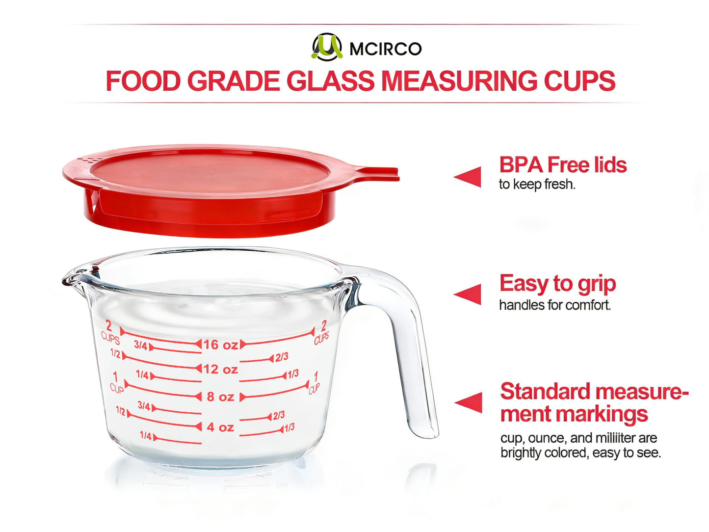 M MCIRCO 6 Pcs Glass Measuring Cups with Lids Set, 1-Cup, 2-Cup, 4-Cup Measuring Jugs with Handle, Nesting Liquid Measuring Cups for Kitchen