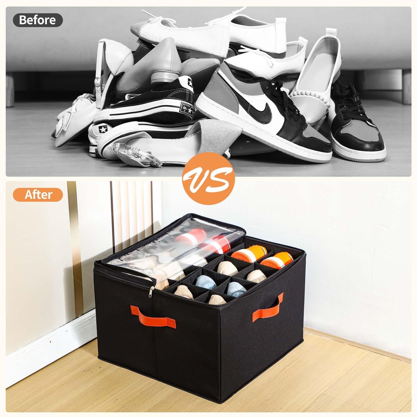 INSTY 2 Pack Shoe Organizer for Closet, Fits up to 32 Pairs, Adjustable Dividers for Shoe Storage, Space-Saving Shoe Bins and Clear Top, Black