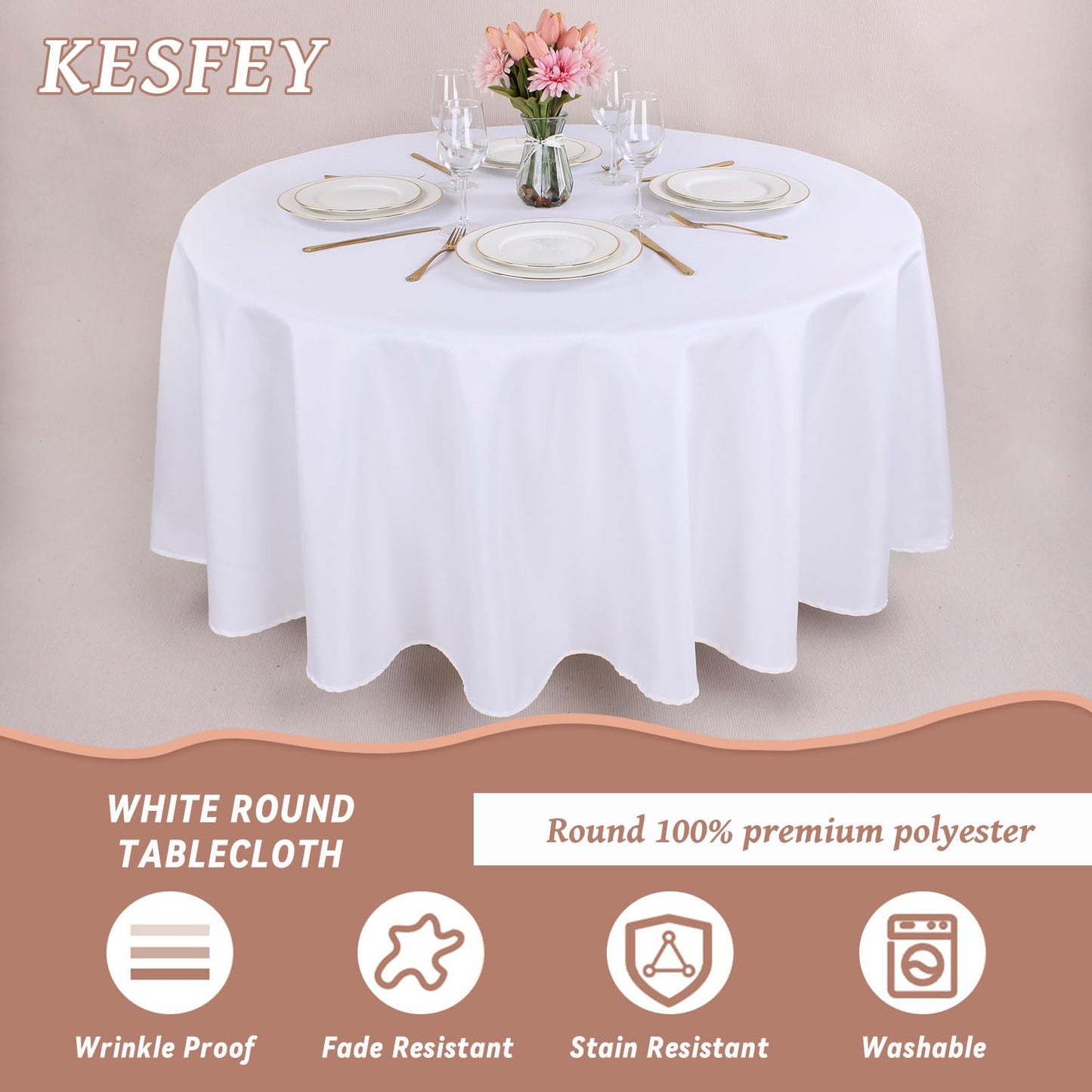 Kesfey 6 Packs Round Tablecloth 108 Inches White Polyester Table Cloths Stain and Wrinkle Resistant Tablecloths for Round Tables Washable Circle Fabric Tablecovers for Wedding Camping Banquet Parties