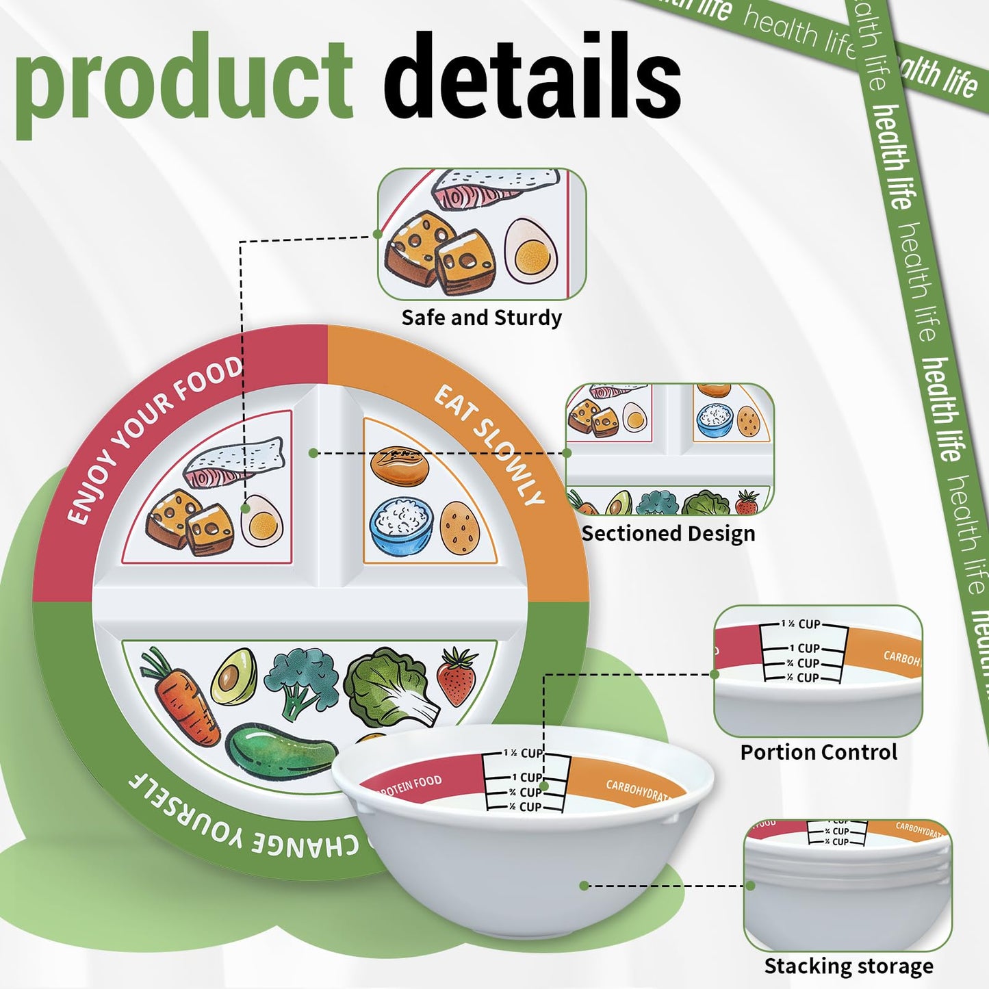 VIYNRAN 4 Pcs Portion Control Plates & Bowls Set (9 Inch), Self-Measuring for Weight Loss, Gastric Bypass, LapBand, Diabetes, & Healthy Diets, Divided Nutrition Plates for Adults & Children