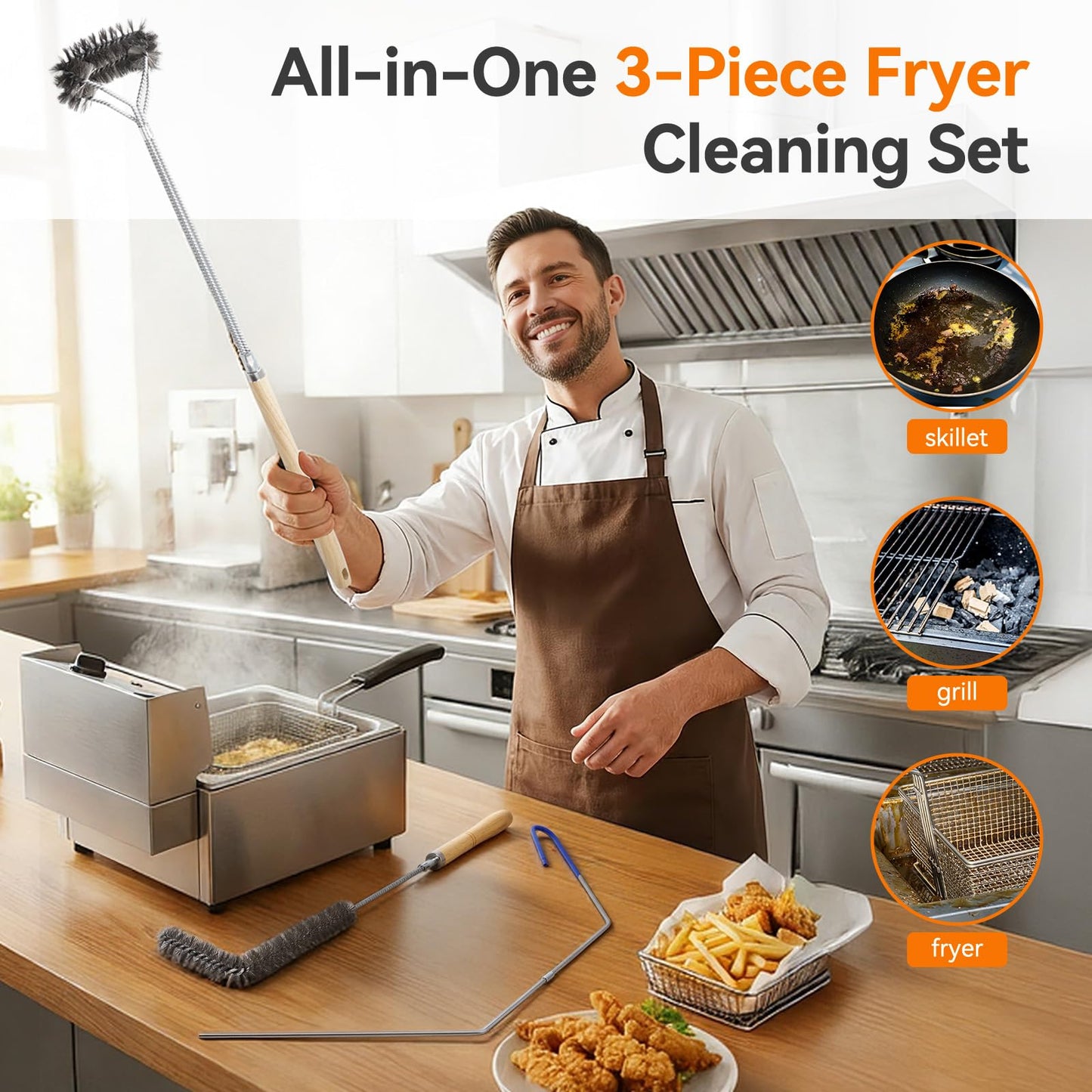Fryer Cleaning Tools, 3 PCS Stainless Steel Deep Fryer Cleaning Tools, with Deep Fryer L-Shaped Brush, Long Handle Basket Brush and Fryer Cleanout Rod for Restaurants (Stainless Steel, Sliver)