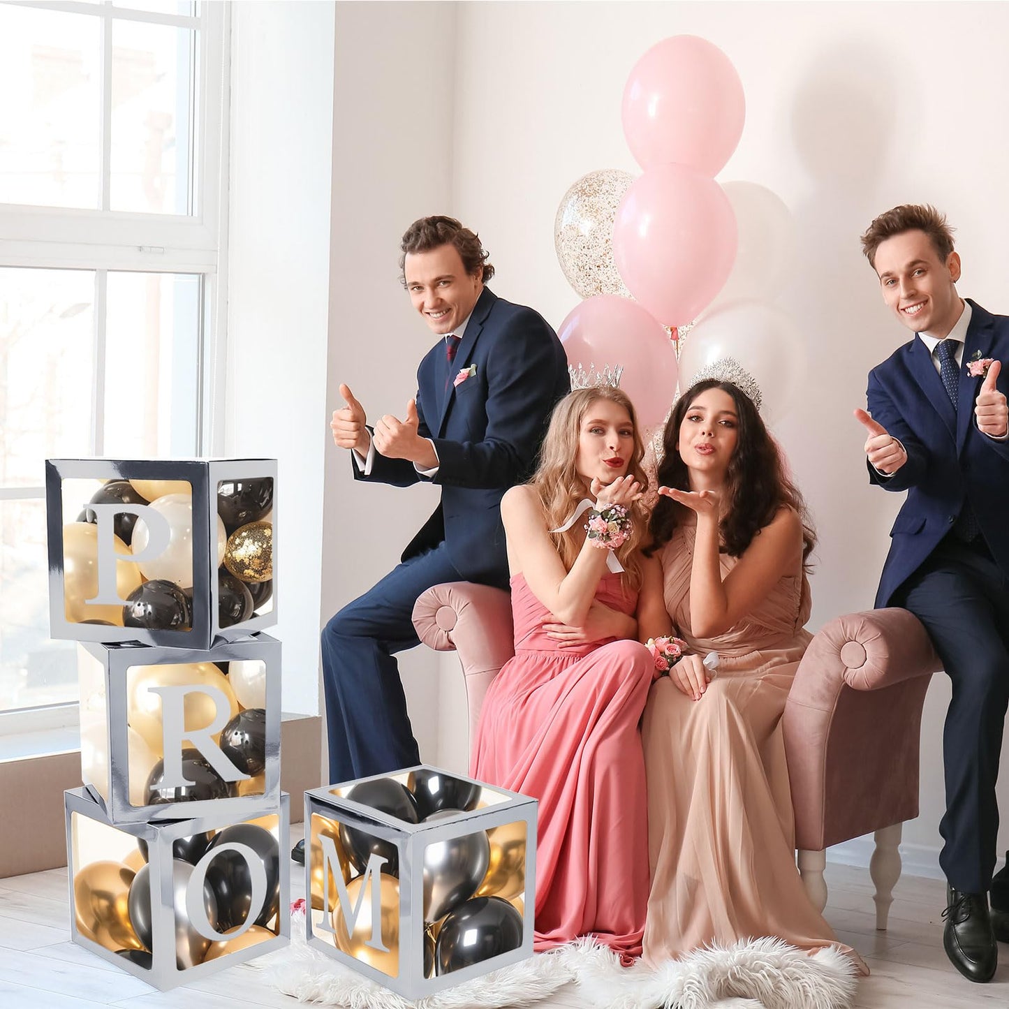 Trandraft 4 Pcs Prom Boxes with Letters 11.8 x 11.8 x 11.8 Inch Clear Balloon Boxes Transparent High School College Graduation Party Favors Supplies(Prom,Silver)