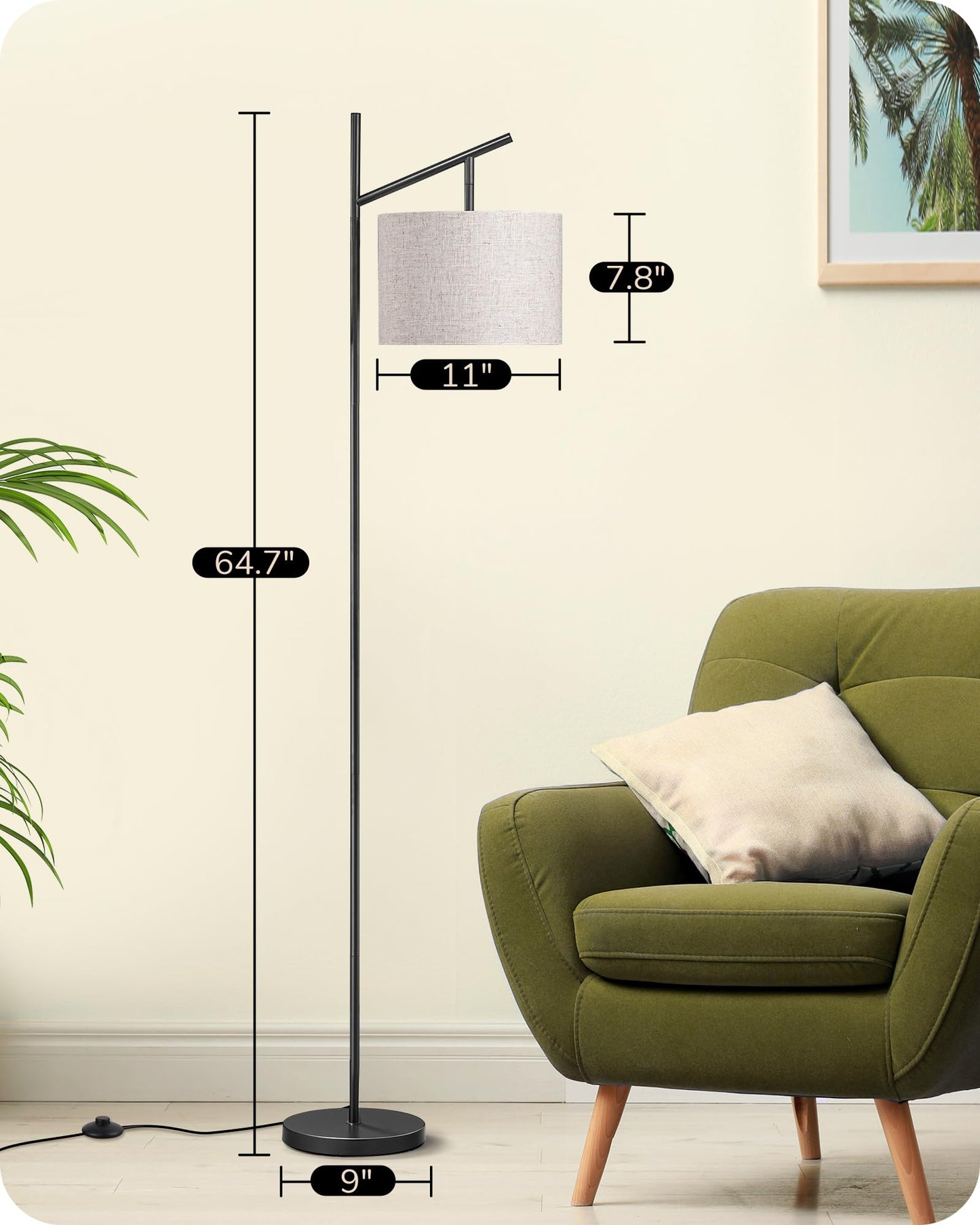 EDISHINE 64.7IN Floor Lamp for Living Room with Remote, Modern Tall Standing Lamp, Dimmable & 5CCT, Foot Pedal Switch, Minimalist for Bedroom, Bulb Included, Black
