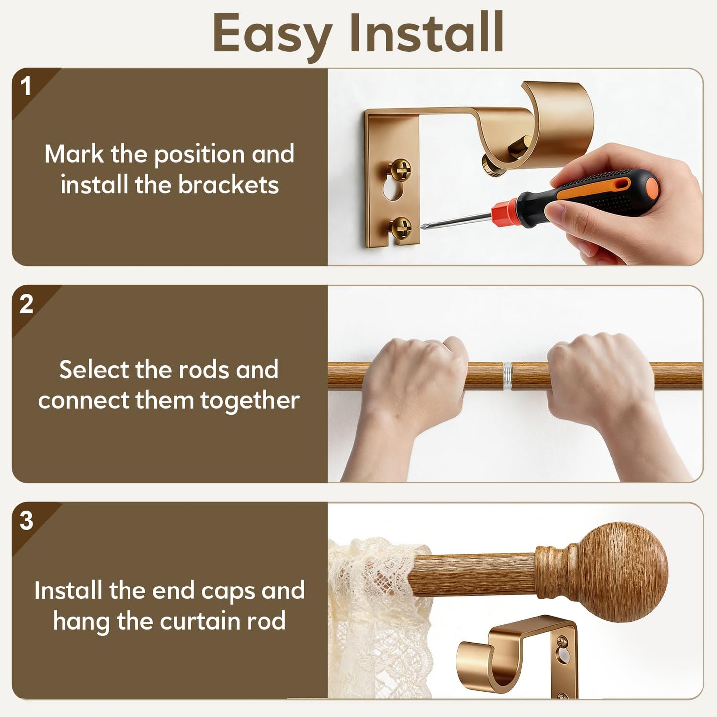 Boho Wood Curtain Rods for Windows 72 to 144 inch 1" Diameter Adjustable Heavy Duty Window Curtain Rod with Decorative Wooden Grain Finials Drapery Rods for Living Room Bedroom Kitchen Cafe Farmhouse