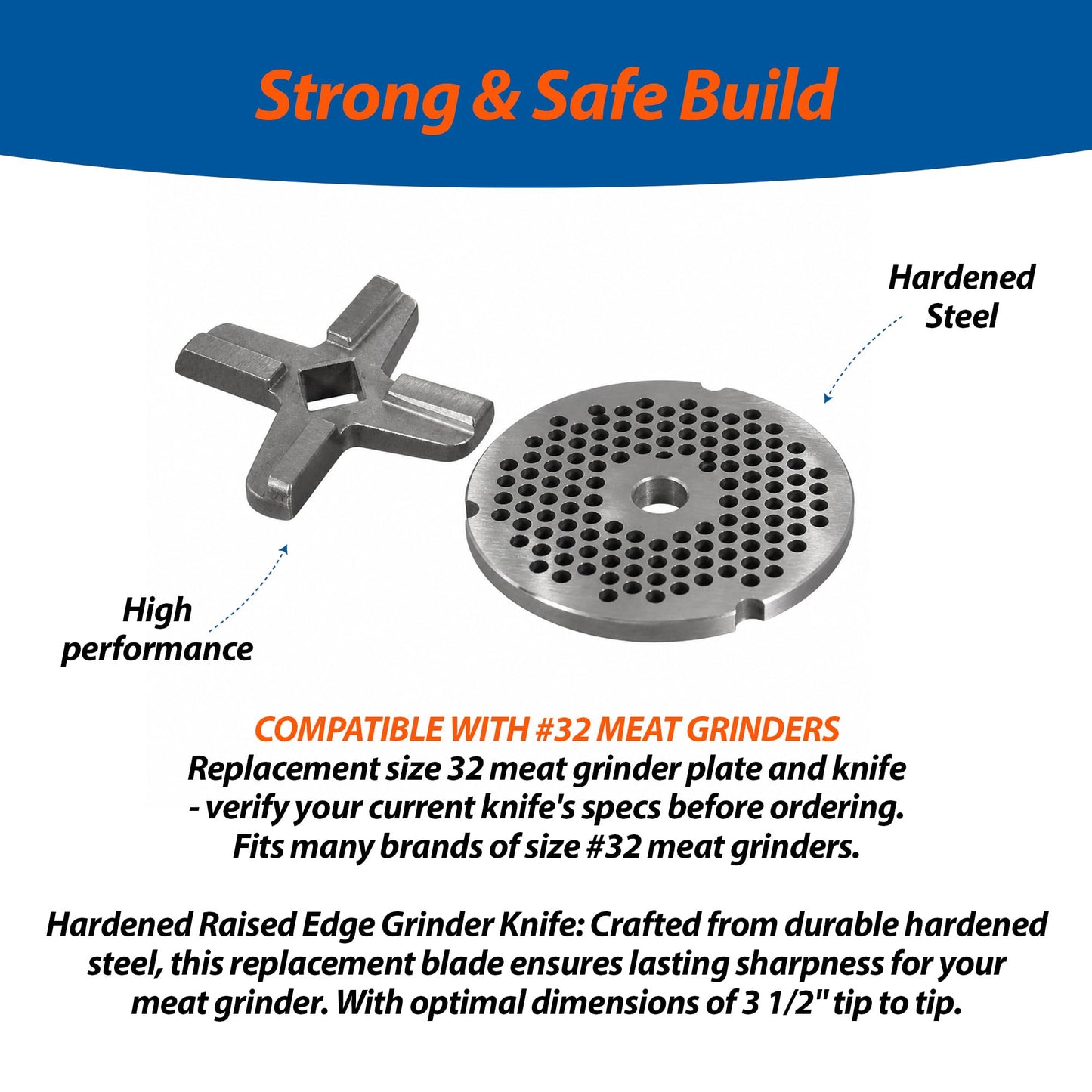 National Band Saw #32 Meat Grinder Plate and Knife Set – Compatible with Hobart, Biro, Enterprise, LEM, Tor Rey, and More – 3/16 Inch Hole Plate, Raised Edge Knife for Commercial Grinding Equipment