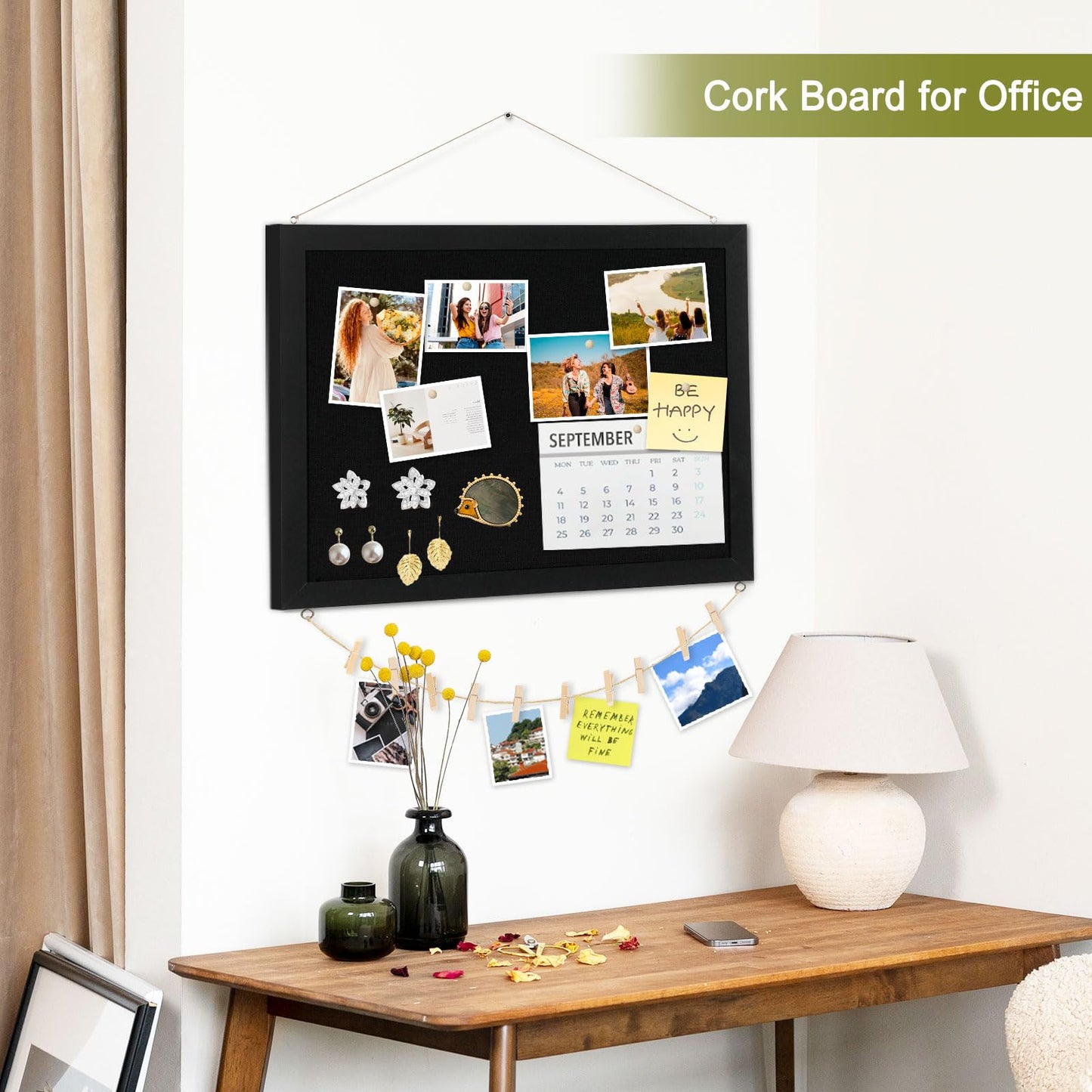 AMUSIGHT Double-Sided Black Cork Board with Linen, 24" x 18" Hanging Wood Framed Large Bulletin Board, Picture Display Vision Board Kit Corkboards for Wall Room School Office Decor, 20 Pushpins