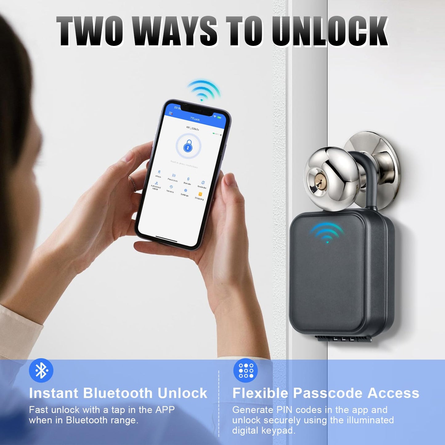 Prohomchoic Smart Lock Box for Keys, Bluetooth & PIN Code Unlock, APP Controlled Electronic Key Lockbox for Doorknobs Handles, Generate eKeys & Passcodes Remotely for Airbnb Rental Realtor (Portable)