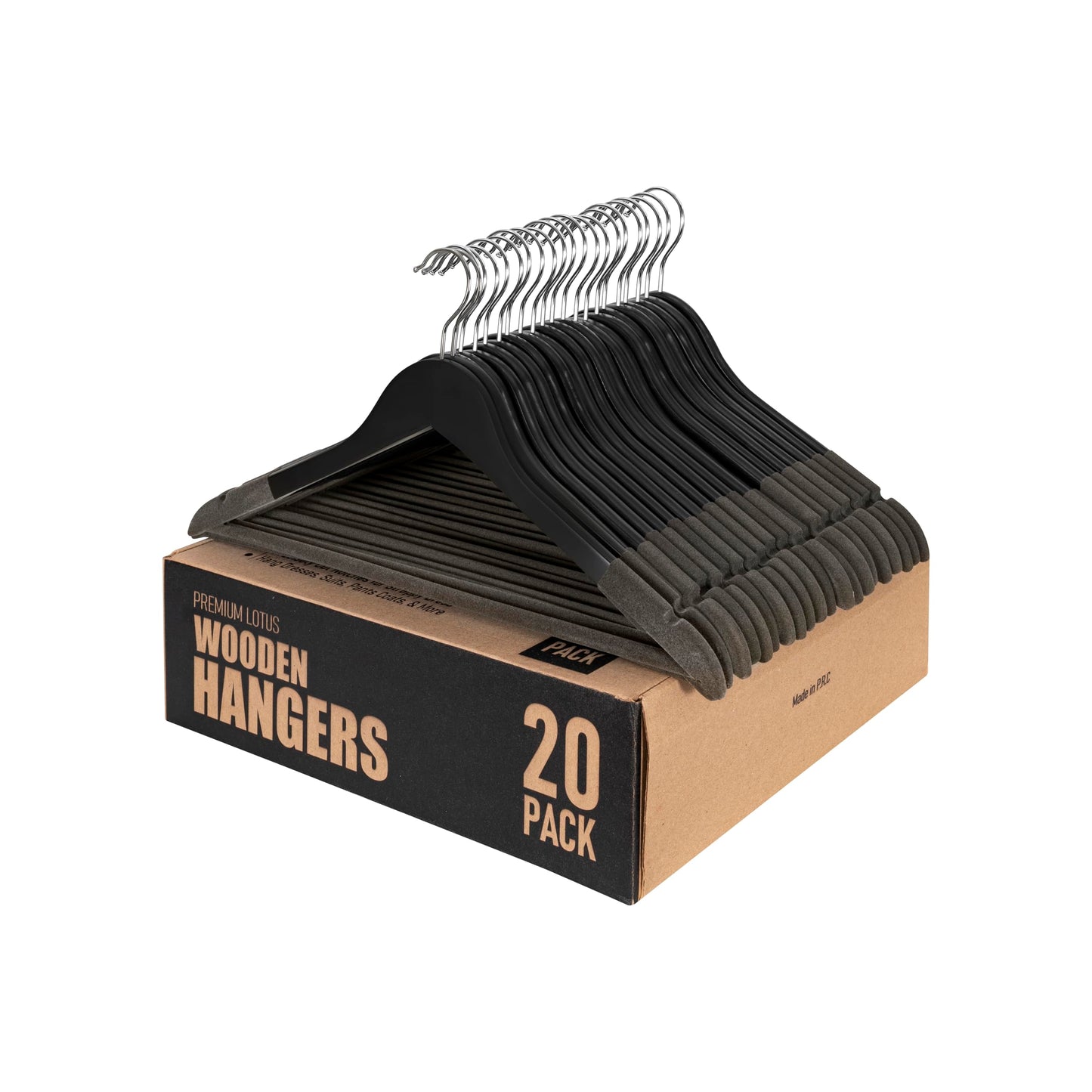 Black Wooden Hangers 20 Pack – Luxury Non Slip Lotus Wood Clothes Hangers with Velvet Bar, 360° Swivel Hook, Heavy Duty Suit & Coat Hangers for Pants, Jackets & Closet Organization – SAMSARC