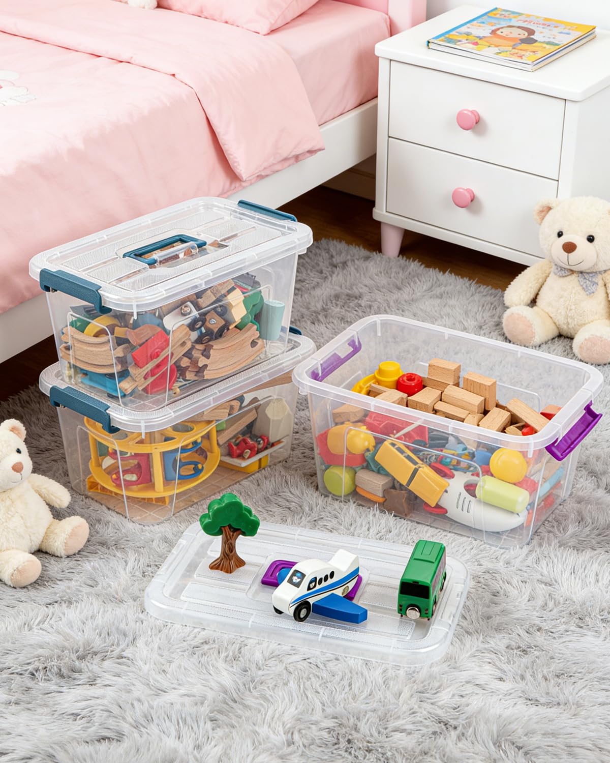 AREYZIN Plastic Storage Bins with Lids 6 Pack,7 Quart Stackable Storage Containers with Buckle Latches, Heavy Duty Clear Organizer Bins for Home Office Supplies, Craft & Toy Storage, BPA-Free,Purple