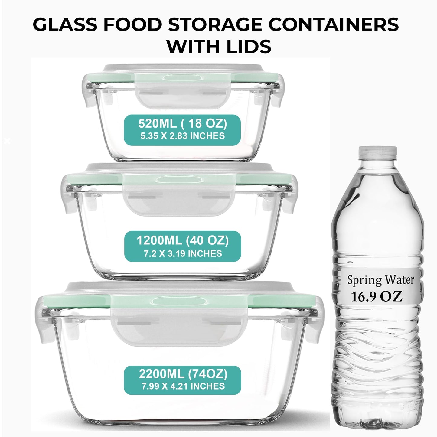 Razab 6 PC Square Glass Food Storage Containers with Airtight lids (74, 40 & 18 oz) Kitchen Glass Meal Prep Containers Set for Freezer Reusable Leftover Lunch Boxes, Oven, Microwave, Dishwasher Safe