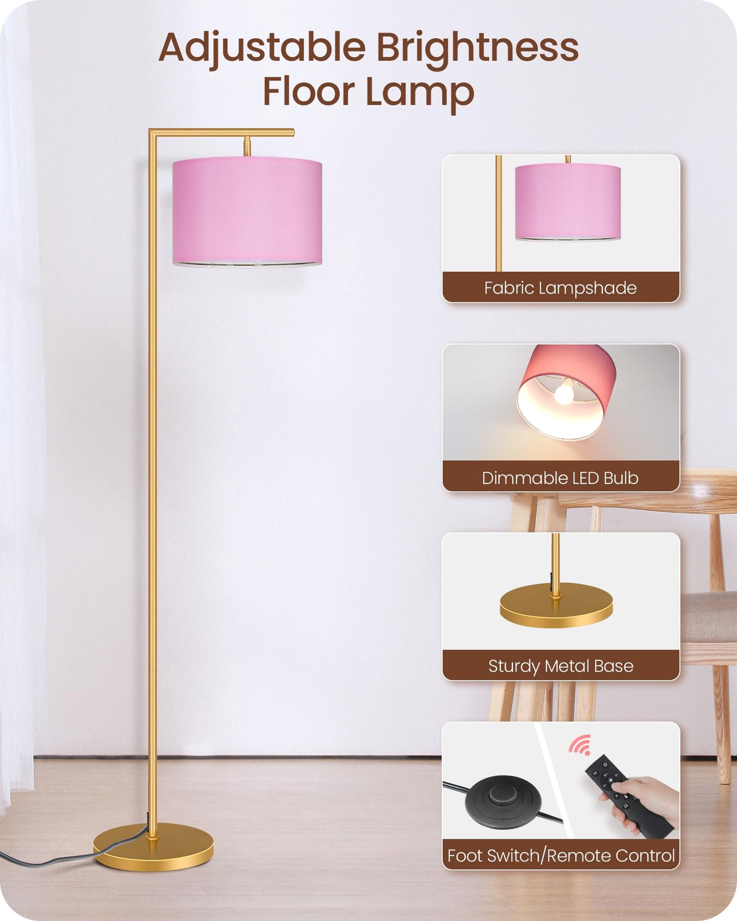 GOEBLESON Modern Gold Arc Floor Lamp, Corner Tall Lamp with Remote, Arched Reading Light with Fabric Shade, Floor Lighting for Living Room, Bedroom, Office, Study, Pink, LED Bulb Included, DP11LD05