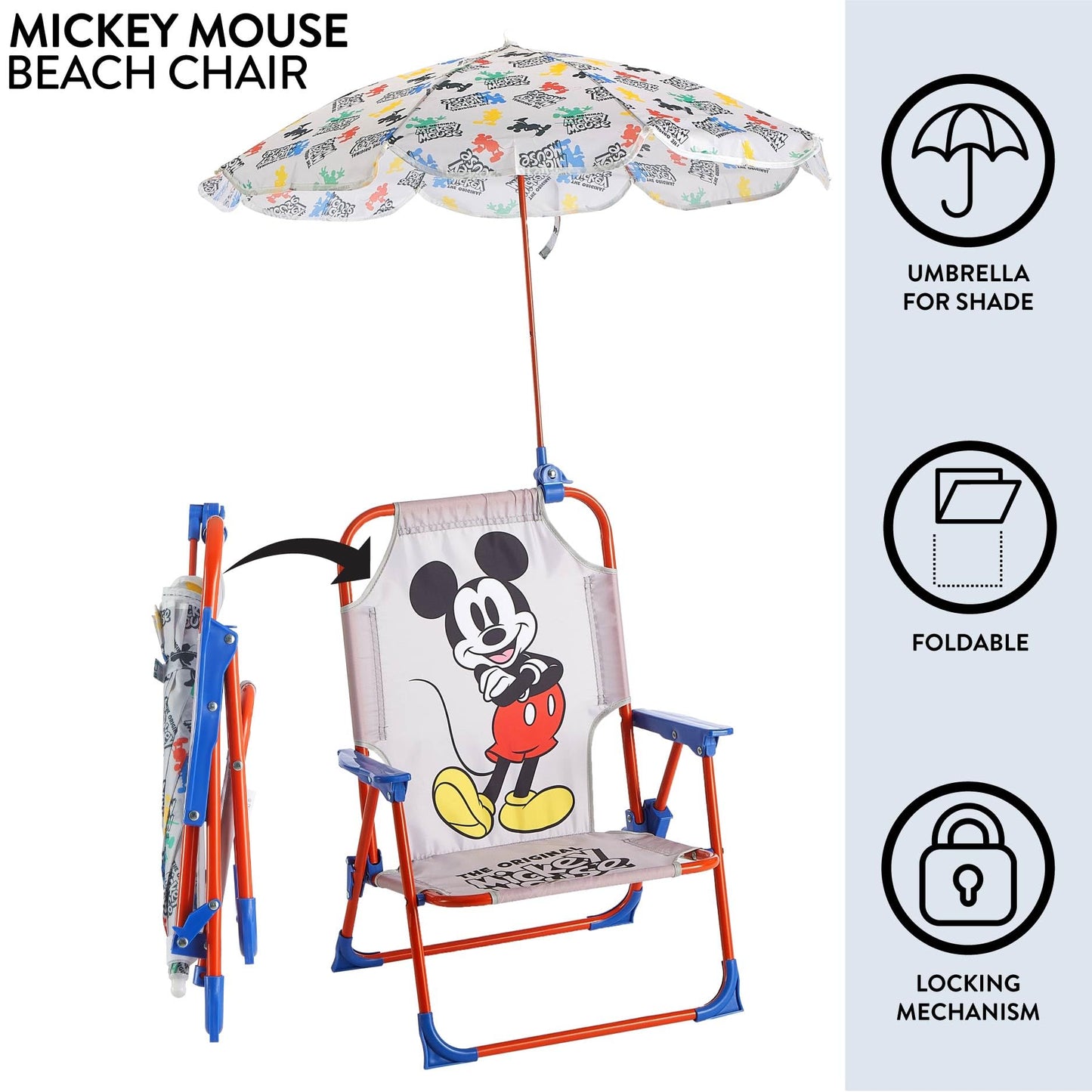Disney Mickey Mouse Kids Beach Chair with Umbrella,Foldable Portable Toddler Chair with Armrests, Locking Mechanism & Sun Shade