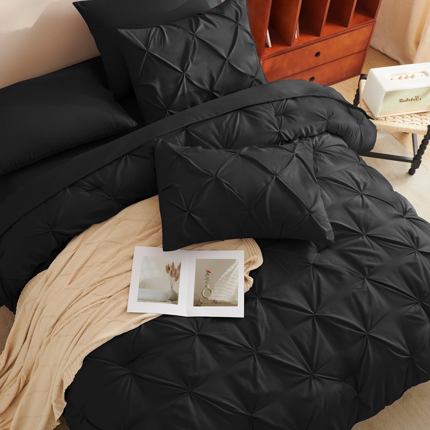 HIMEET King Size Comforter Set Black - 7 Pieces Pintuck Bed in a Bag, Pinch Pleat Modern Room Decor, All-Season Soft Bedding Gift with Comforter, Sheets, Pillowcases & Shams