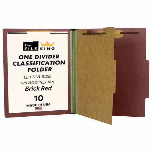 The File King One Divider Brick Red Pressboard Classification File Folder - Letter Size | Box of 10 | Top Tab | 2” Expansion | Four 2-Inch Durable Fastener Prongs | USA Made