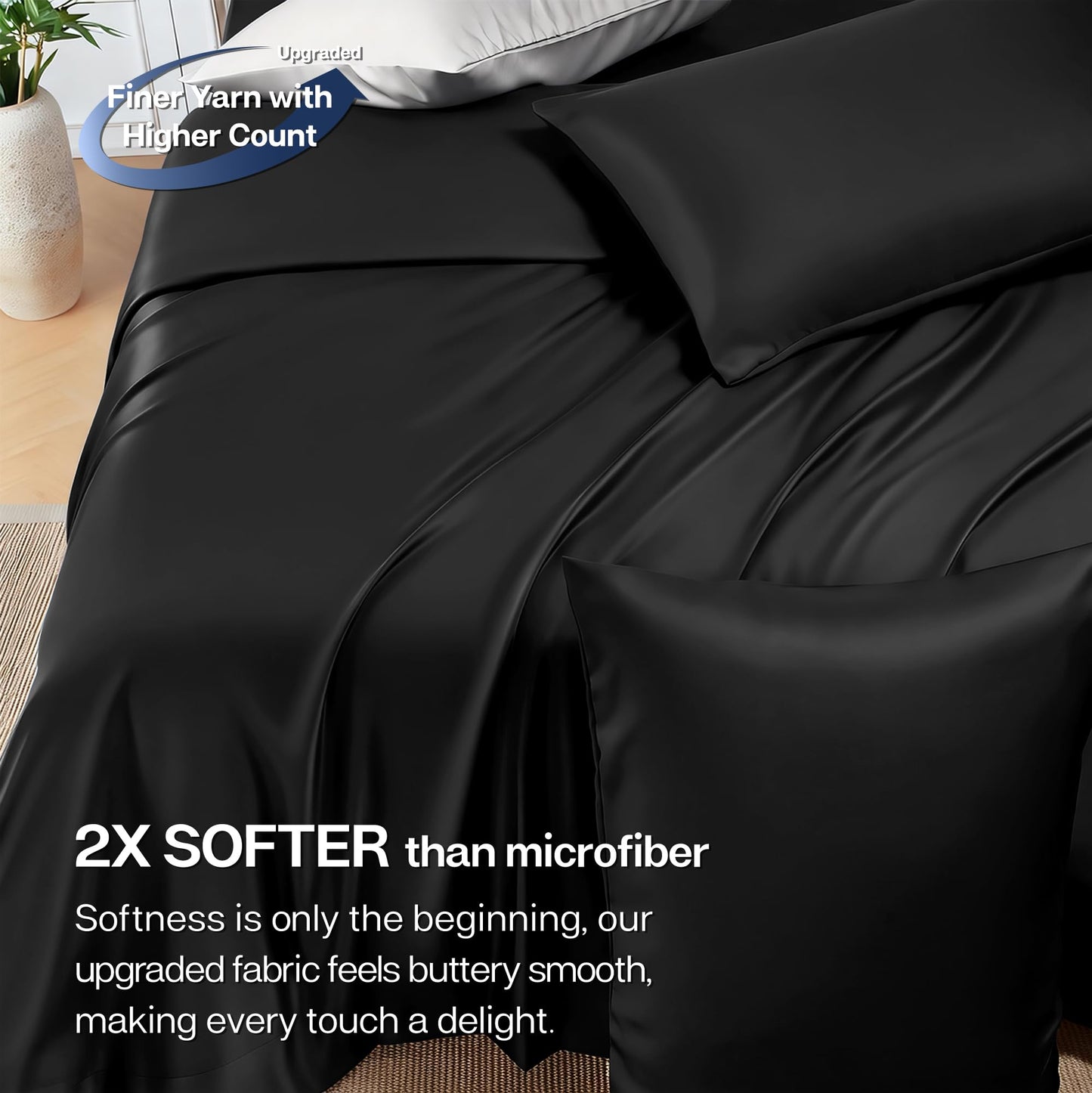 MR&HM Queen Sheet Set, 4-Piece Cooling Sheets, Rayon Derived from Bamboo & Polyester Blend, Soft & Silky, 15" Deep Pockets with Elastic Straps, Hotel Luxury for Hot Sleepers, Black
