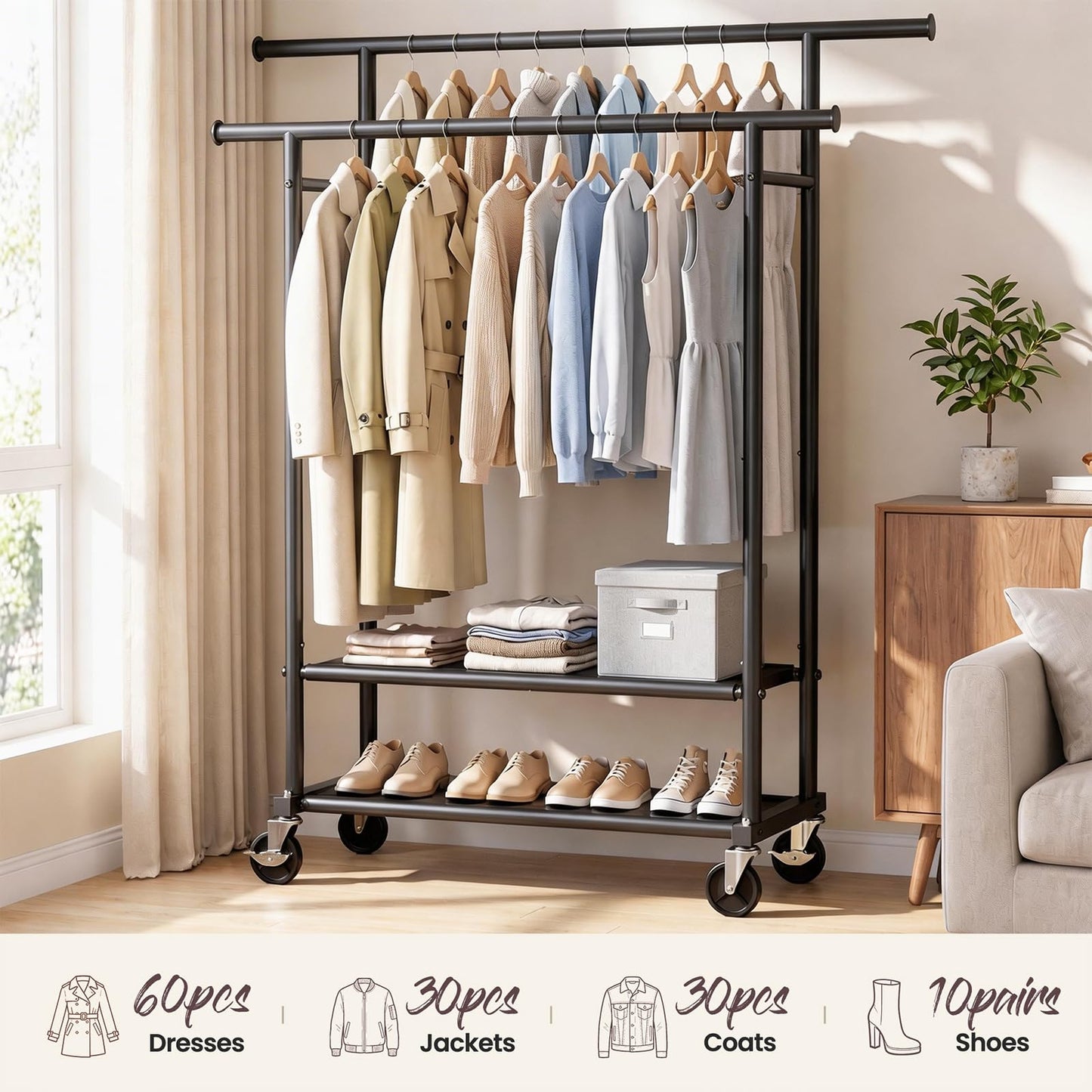 WATIOWL Clothes Rack, Double Rods Rolling Clothing Rack for Hanging Clothes Closet Rack with Wheels, Metal Portable Garment Rack with Double Shelves for Bedroom Laundry Living Room, Black