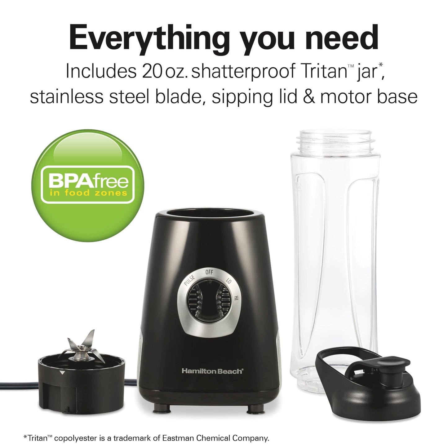 Hamilton Beach Go Sport Portable Blender For Smoothies With 20 Oz. Blend-In Personal Travel Jar, 600 Watt Motor And Stainless Steel Blades For Powerful Blending Performance, Black (51143G)