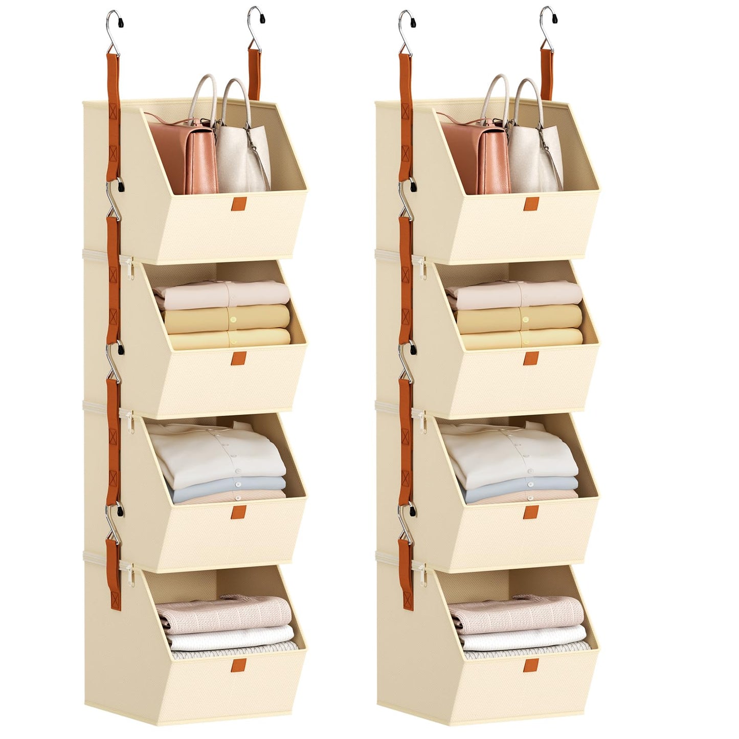 Homsorout Hanging Closet Organizer 4 Tier - Clothes Hanging Shelves, Space-Saving Closet System, Fabric Storage Bins Bedroom Organization, Collapsible Baskets for Home, Dorm, Rv, Beige, 8 Pack