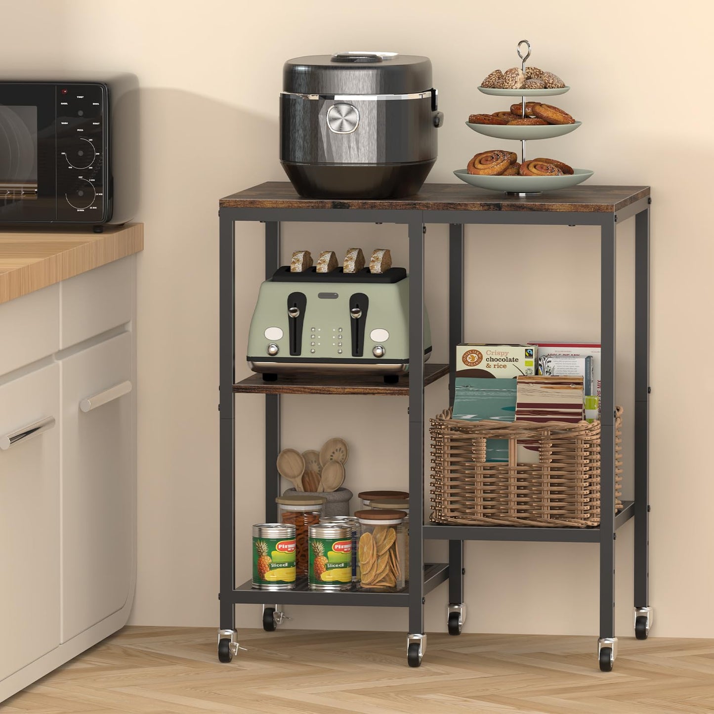 OGEMXU Kitchen Microwave Cart,Microwave Stand with Wheels,Coffee Bar Table Station,4-Tier Rolling Baker's Rack,Small Appliance Storage Shelf,Utility Side Table for Kitchen,Living Room (Rustic Brown)