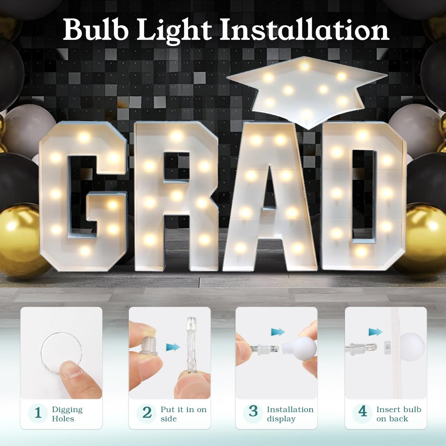 2026 Graduation Party Decorations - 2.3FT Pre-Cut GRAD Marquee Letters Sign with Light - Mosaic Foam Board Includes Glue Gun Balloons for Kindergarten Preschool College Prom