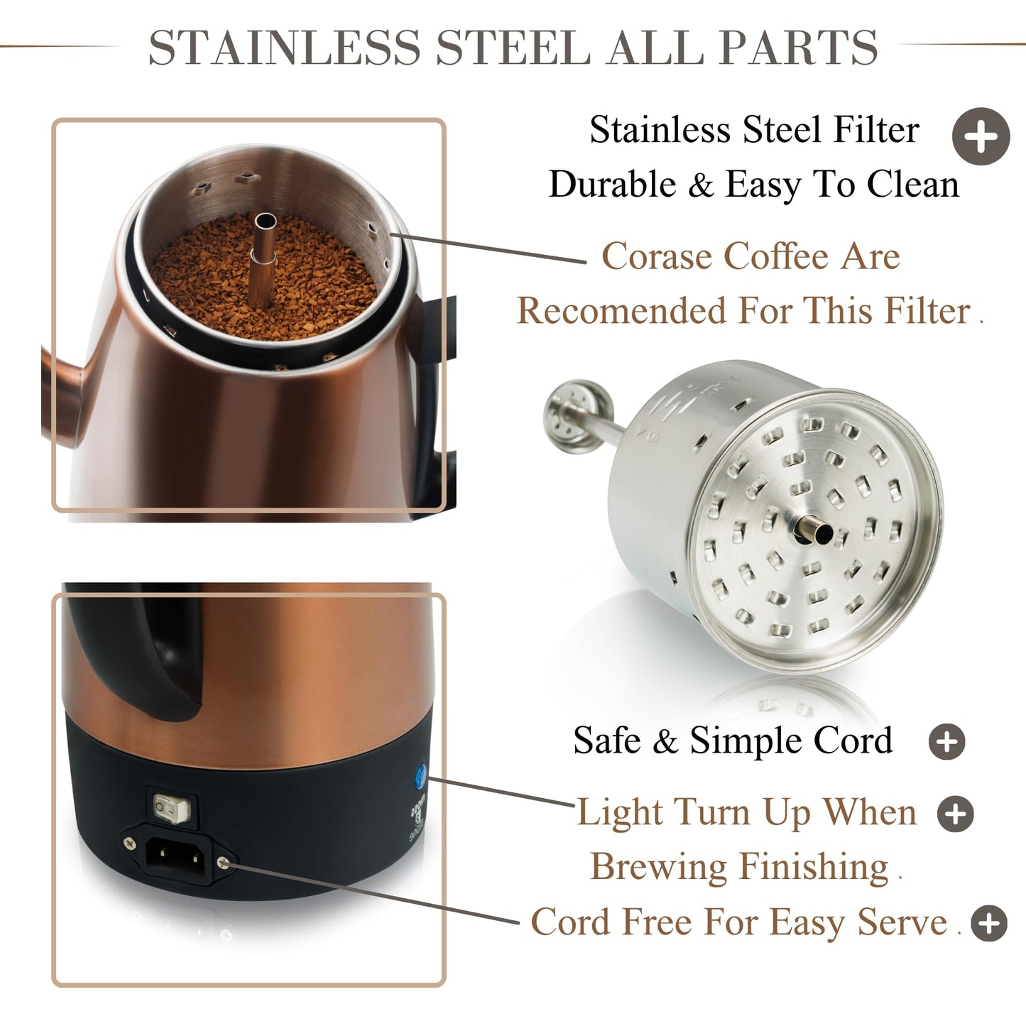 Moss & Stone 10 Cup Copper Percolator Coffee Pot Electric, Stainless Steel Coffee Percolator Electric With Keep Warm Function, Classic Perculator Pot With Removable Basket for Home or Office