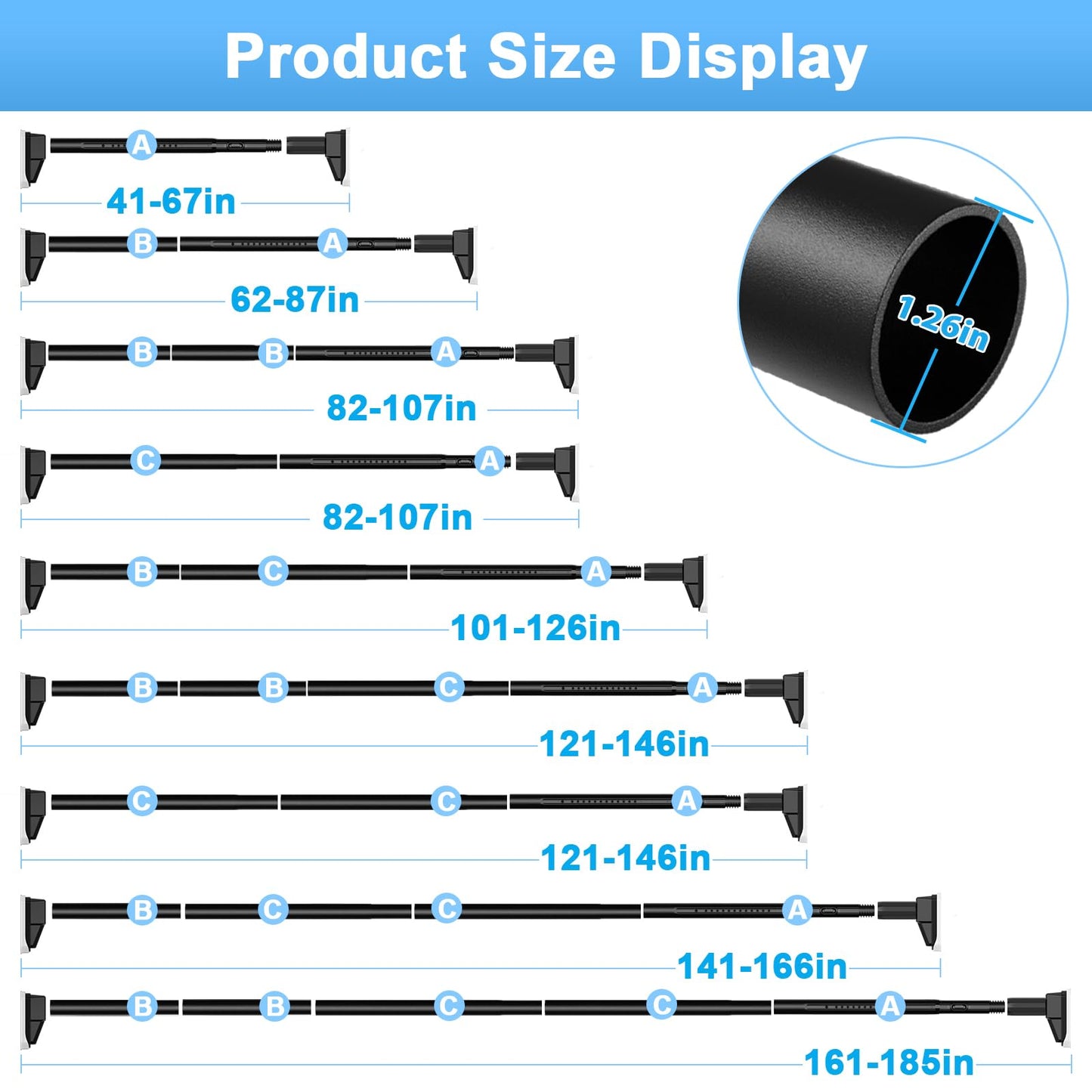 41 to 185 Inch Tension Curtain Rod No Drill Black Shower Curtain Rod Extra Long Heavy Duty Tension Rod for Windows, Patio, Bathroom - Renter Friendly Adjustable Curtain Rods
