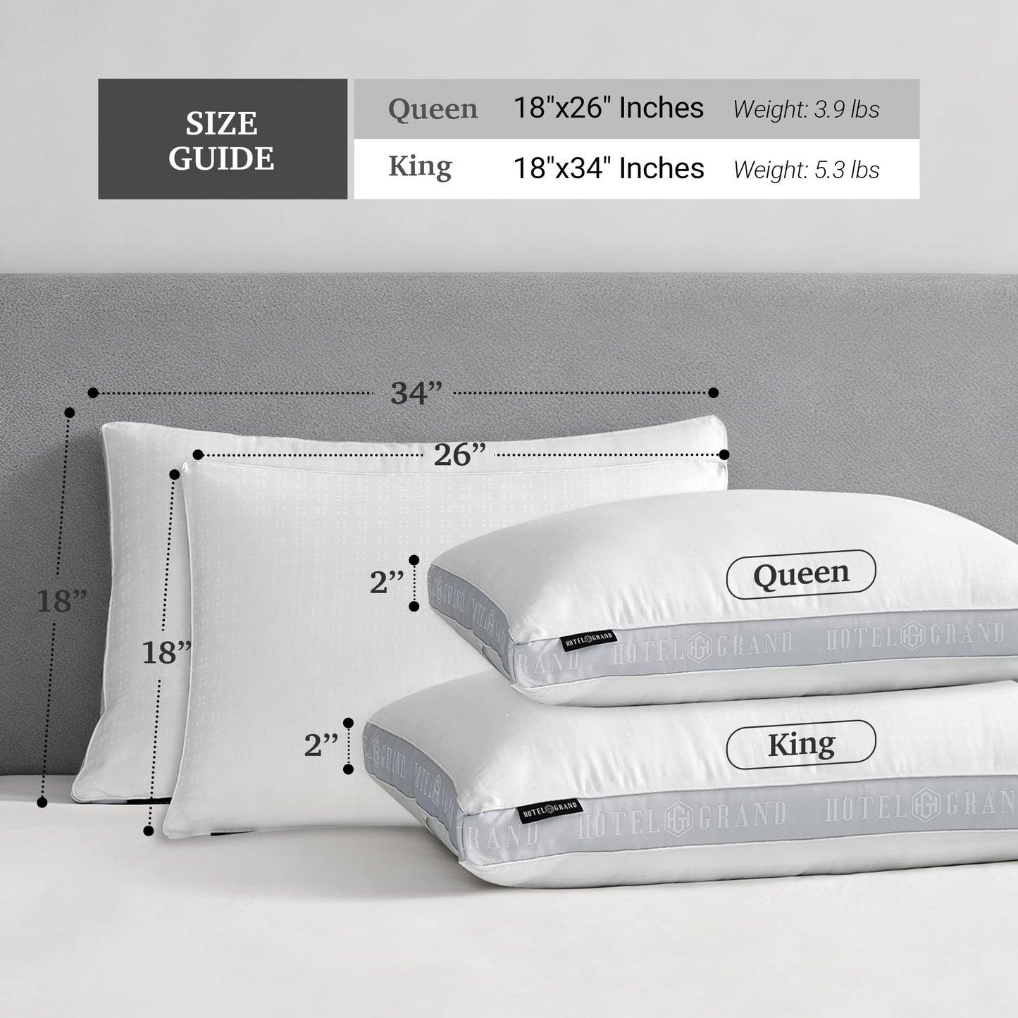 Hotel Grand Bed Pillows Queen Size Set of 2, 500 Thread Count Cotton Cover, Down Alternative Hotel Pillow for Side, Back, or Stomach Sleepers, Medium Firm Hypoallergenic 18”x26”