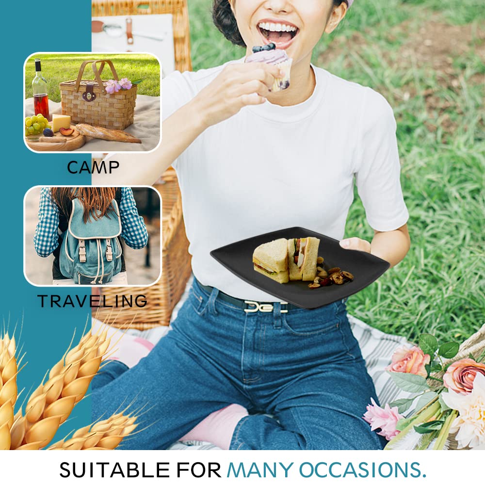 Teivio 24-piece Plastic Wheat Straw Square Dinnerware Set for 6, Unbreakable Dinner Plates, Salad Plates, Snack Bowls, Tumblers 13.5 oz, Dishwasher Safe, Outdoor Kitchen RV Dishes, Black