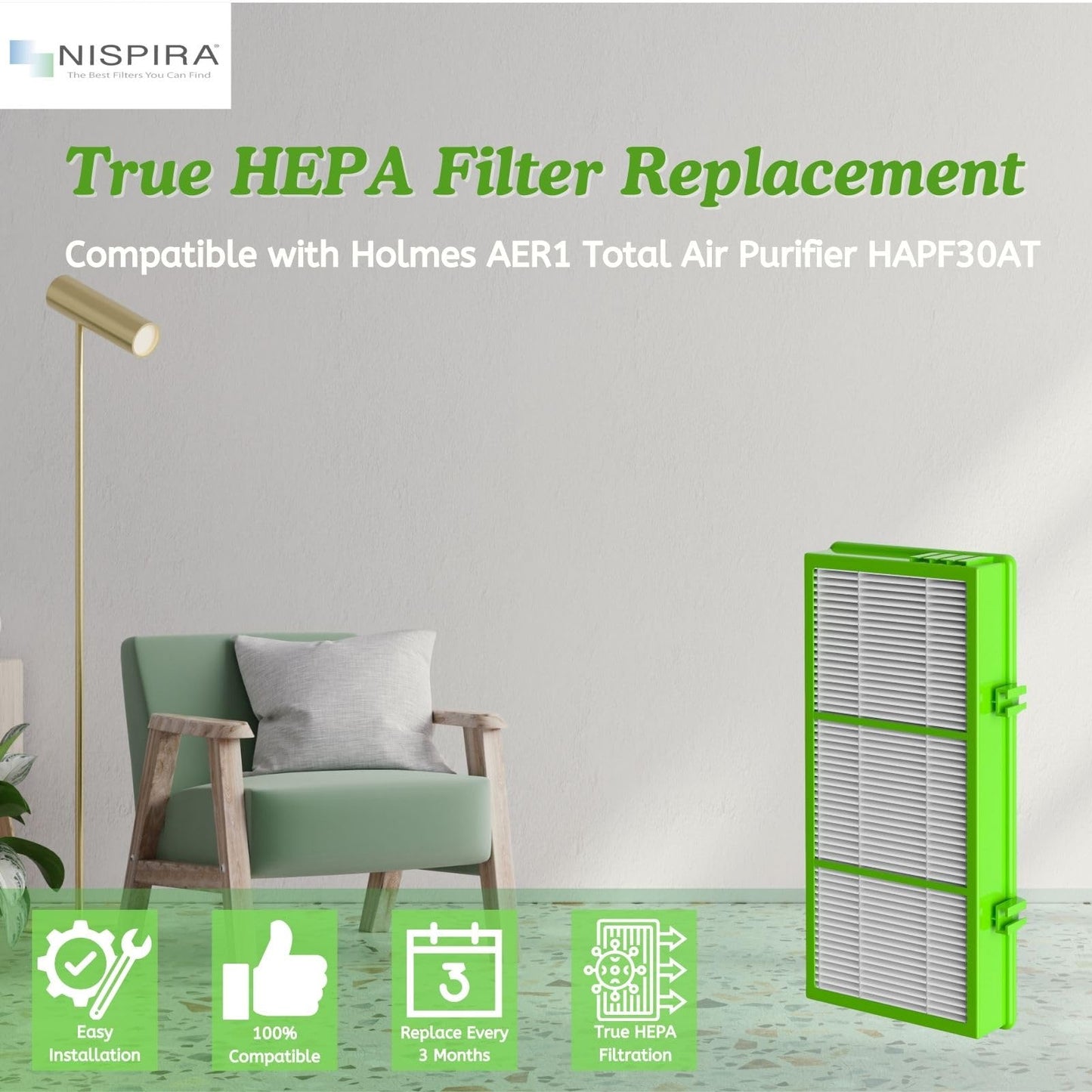 Nispira AER1 HAPF300AHD Allergan Remover Filter Replacement for Holmes Air Purifier HAPF30AT HAP242-NUC HAPF300AH-U4 HAPF300AHD-U4R True HEPA. 6 Packs
