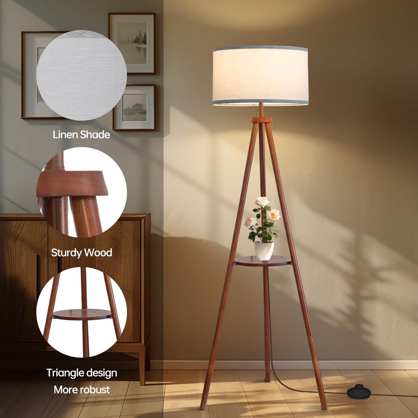 EOEYYOYB Floor Lamps for Living Room, Modern Standing Lamp with Shelf, 3 Color Temperature Led Bulb Tall Lamps with Foot Switch for Bedroom and Office, Walnut