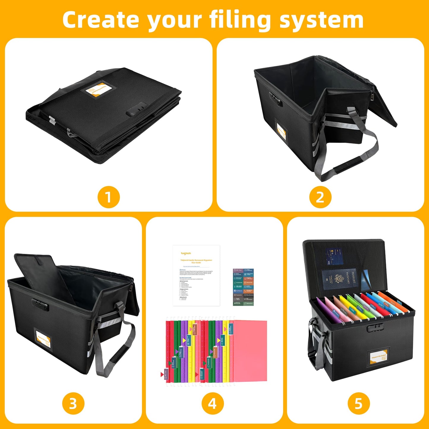 Large Next of Kin Box Organizer with Smart Labels, Fireproof Foldable File Organizer with Combination Lock, 10 Hanging Files and 20 Category Labels for Label Documents(15.7"L×12.2"W×10.6"H)