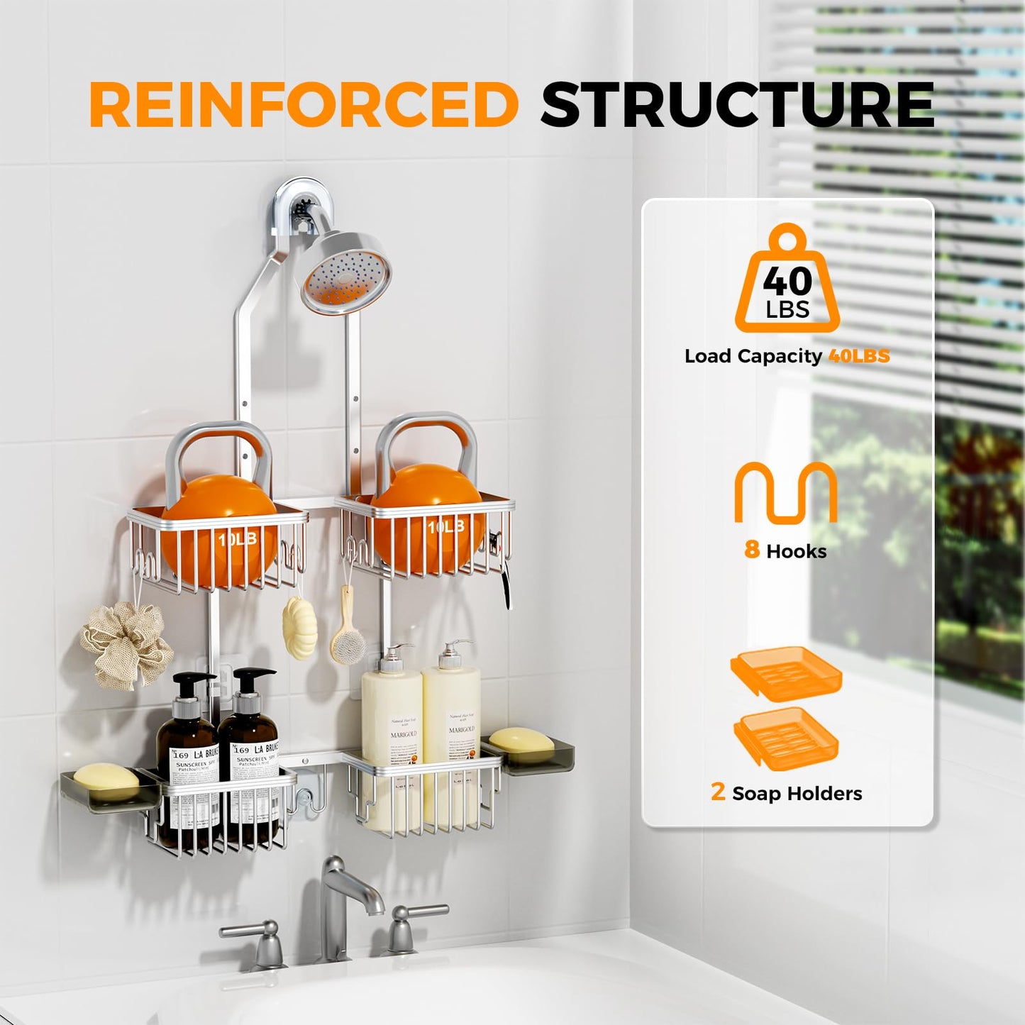 REINHARDT Aluminum Shower Caddy Hanging Adjustable Shower Caddy, Rustproof Hanging Shower Organizer with Hooks Soap Holders, Over Shower Head Caddy for Handheld Showerhead, Silver