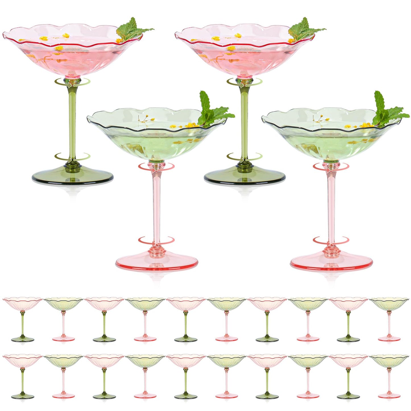 HKSZEH 24 Pcs Plastic Martini Glasses 7oz Flower Disposable Cocktail Coupe Glasses Pink and Green Martini Cup Vintage Detachable Dessert Parfait Glassware for Wedding Birthday Bachelorette Party