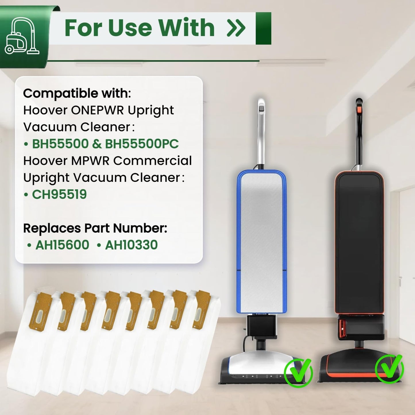 8 Pack HEPA Vacuum Bags Replacement for Hoover ONEPWR Cordless Upright Vacuum Cleaner BH55500PC, BH55500 & Commercial CH95519 - Replaces Part AH15600, 5-Layer Filtration & Leak-Proof Design