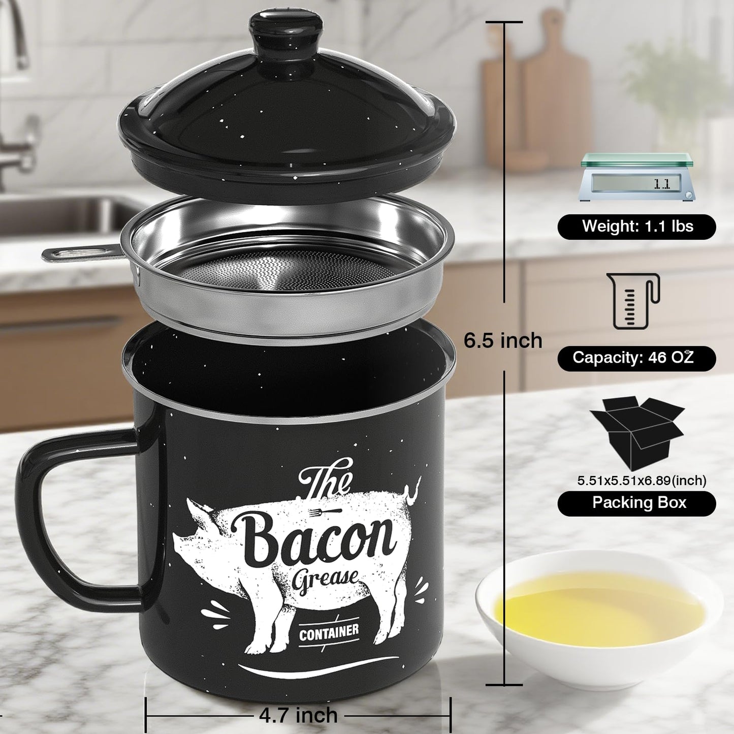 Bacon Grease Container With Strainer, 46OZ Large Enamel Grease Container, With Silicone Spatula, Farmhouse Bacon Grease Keeper, Cooking Oil Container For Kitchen Fat Storage, Dishwasher Safe-Black
