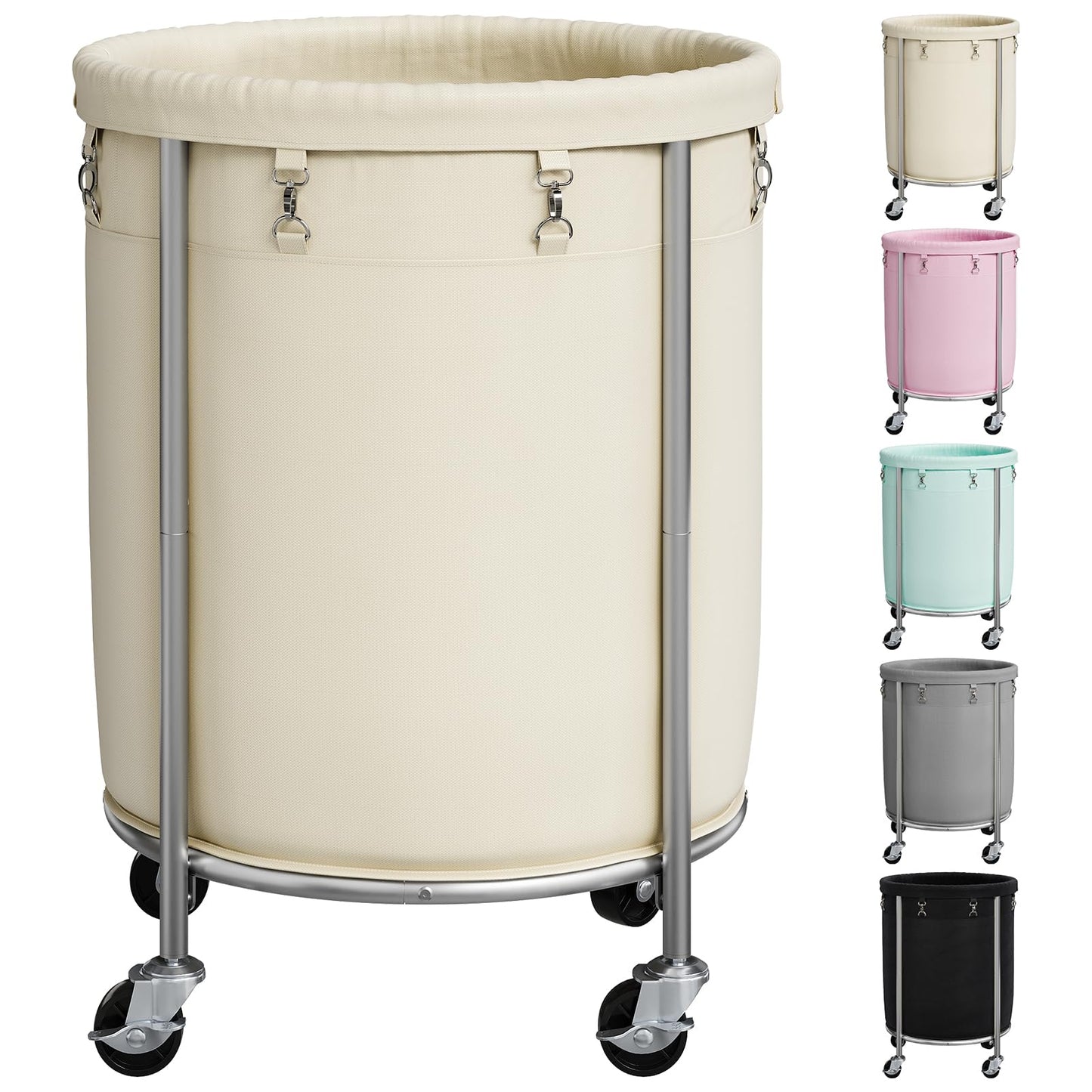 ELYKEN 190L Laundry Basket with Wheels, Large Rolling Laundry Hamper with Removable Liner Bag, Round Rolling Laundry Cart, Dirty Clothes Hamper for Hotel, Home, Closet, Dorm, Cream