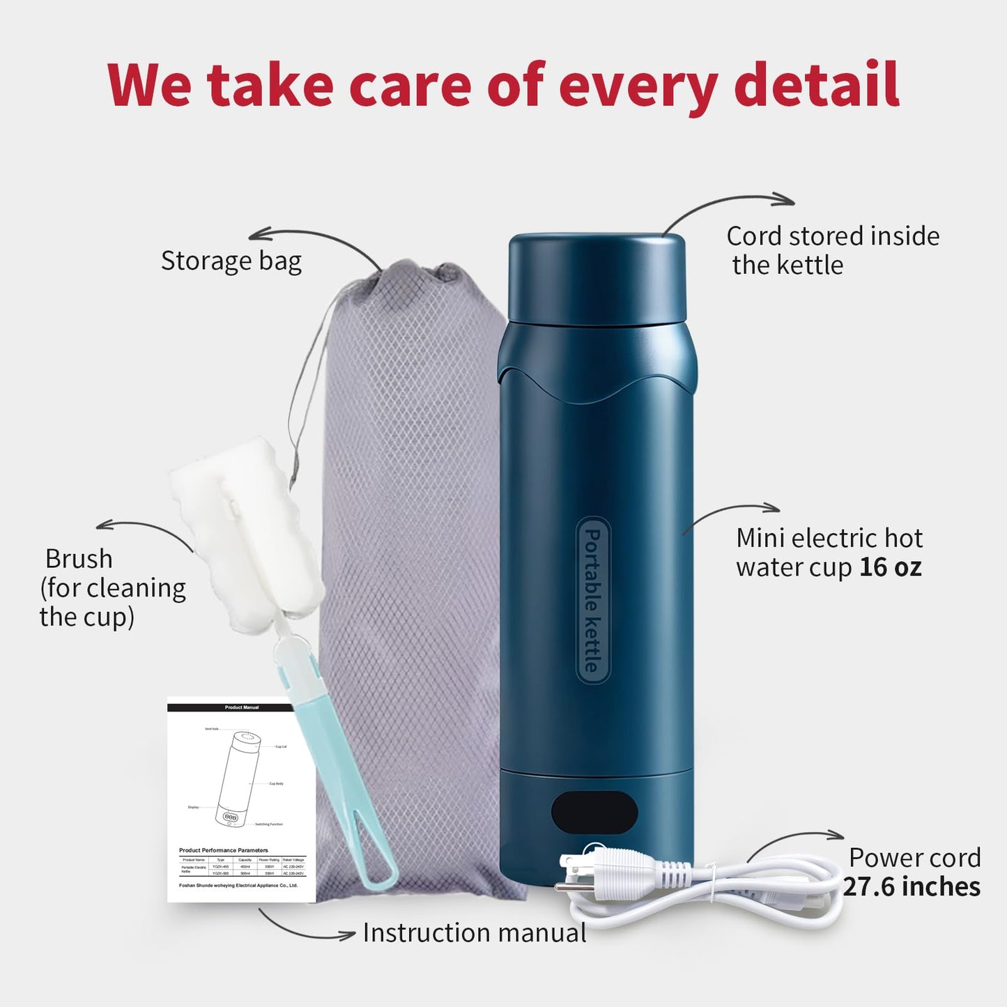 Insulated Stainless Steel Travel Electric Kettle Small, Smart Water Bottle with 4 temperature control, Leak-Proof, Mini Travel Essentials Portable Office Gifts for Tea Lovers, Dark Blue