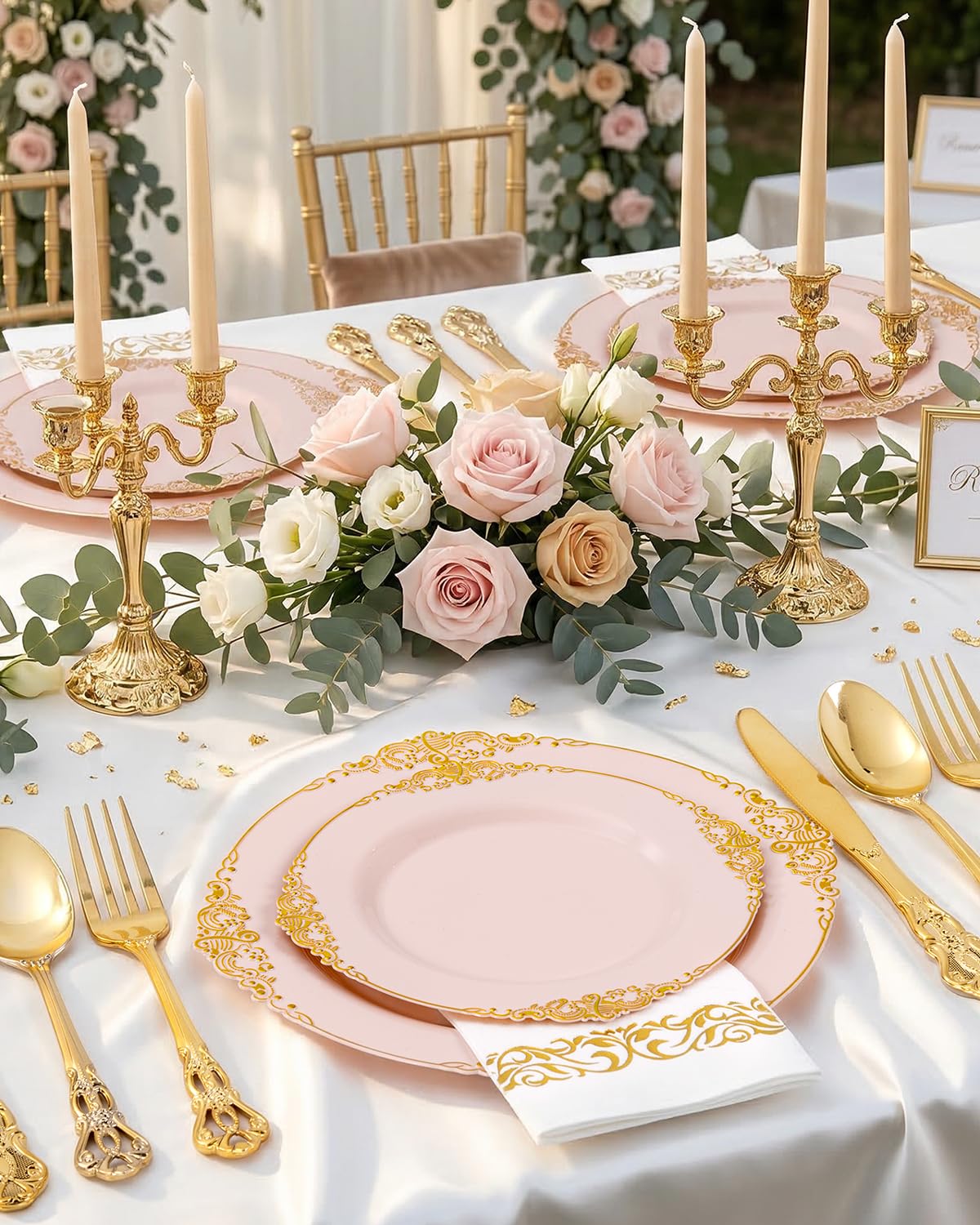 Ciaell 300PCS Pink and Gold Plastic Plates - Pink Disposable Dinnerware Sets for 50 Guests - 100 Plates, 50 Knives, 50 Forks, 50 Spoons, and 50 Napkins for Wedding, Party